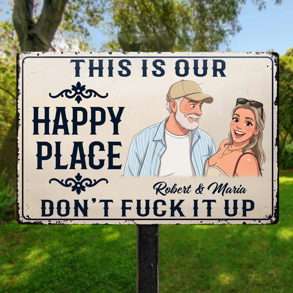 This Is Our Happy Place Custom Couple Photo Cartoon Art - Personalized Metal Sign