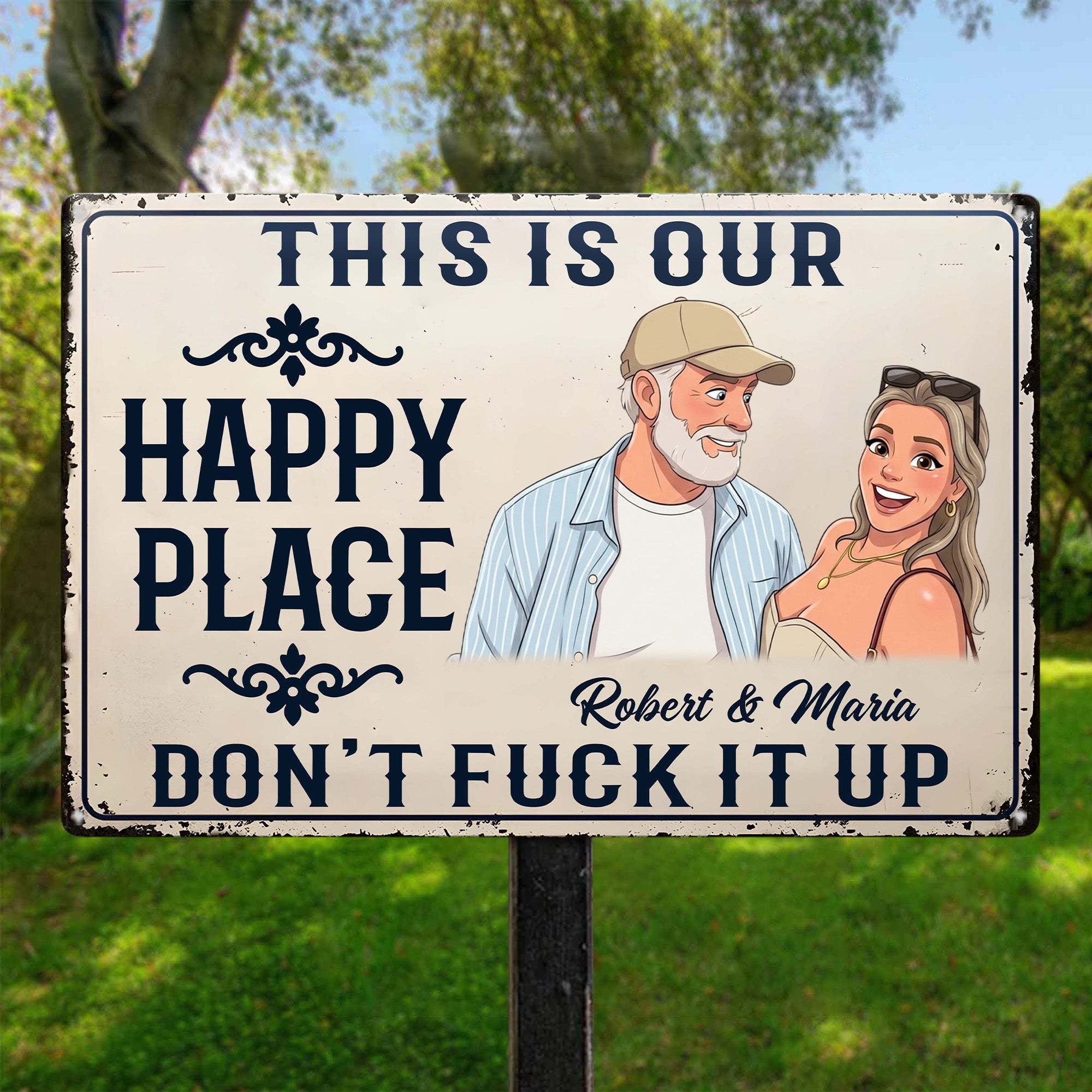 This Is Our Happy Place Custom Couple Photo Cartoon Art - Personalized Metal Sign