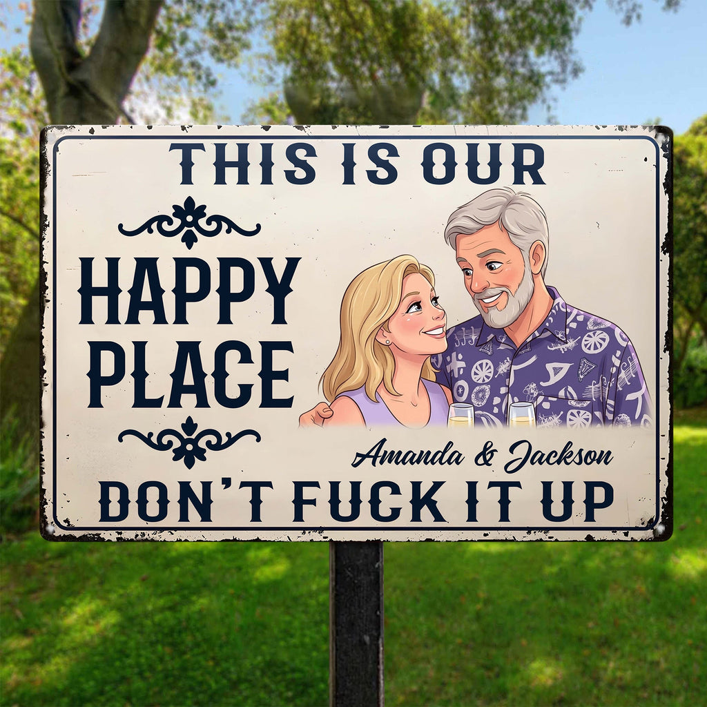 This Is Our Happy Place Custom Couple Photo Cartoon Art - Personalized Metal Sign