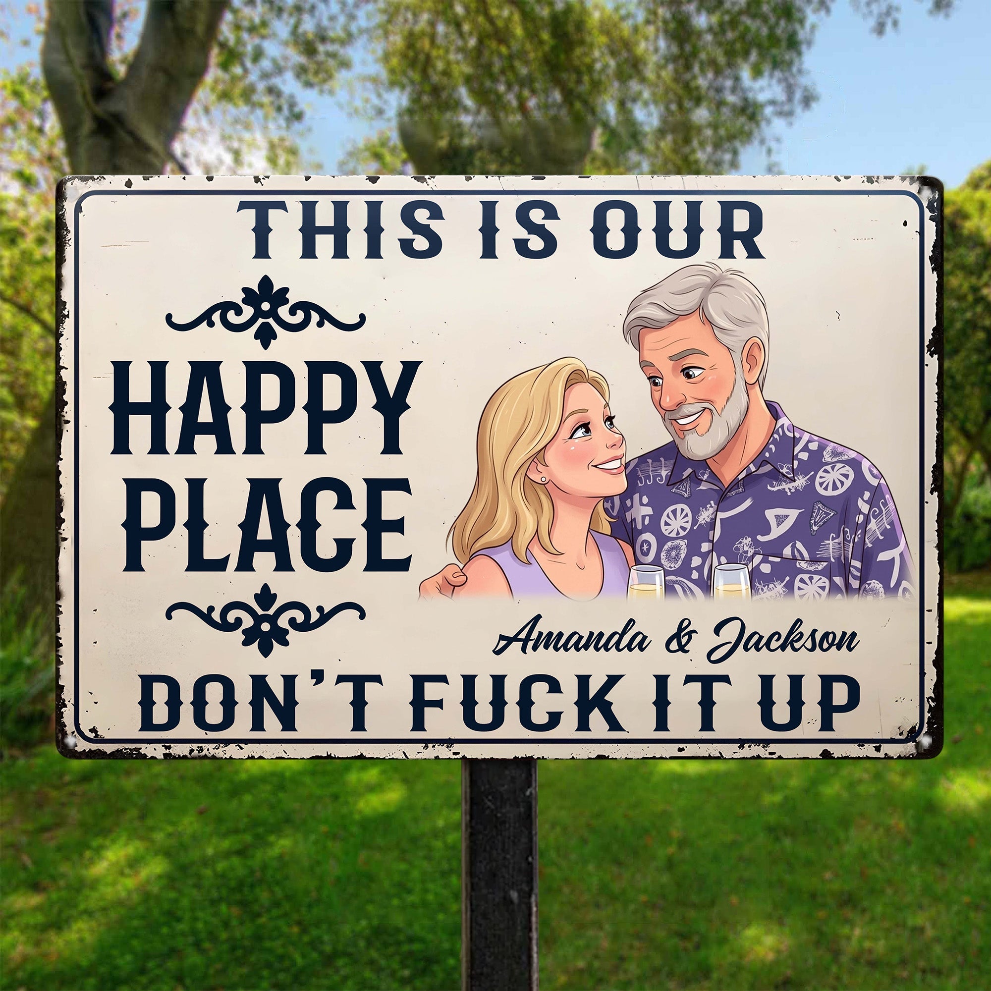 This Is Our Happy Place Custom Couple Photo Cartoon Art - Personalized Metal Sign