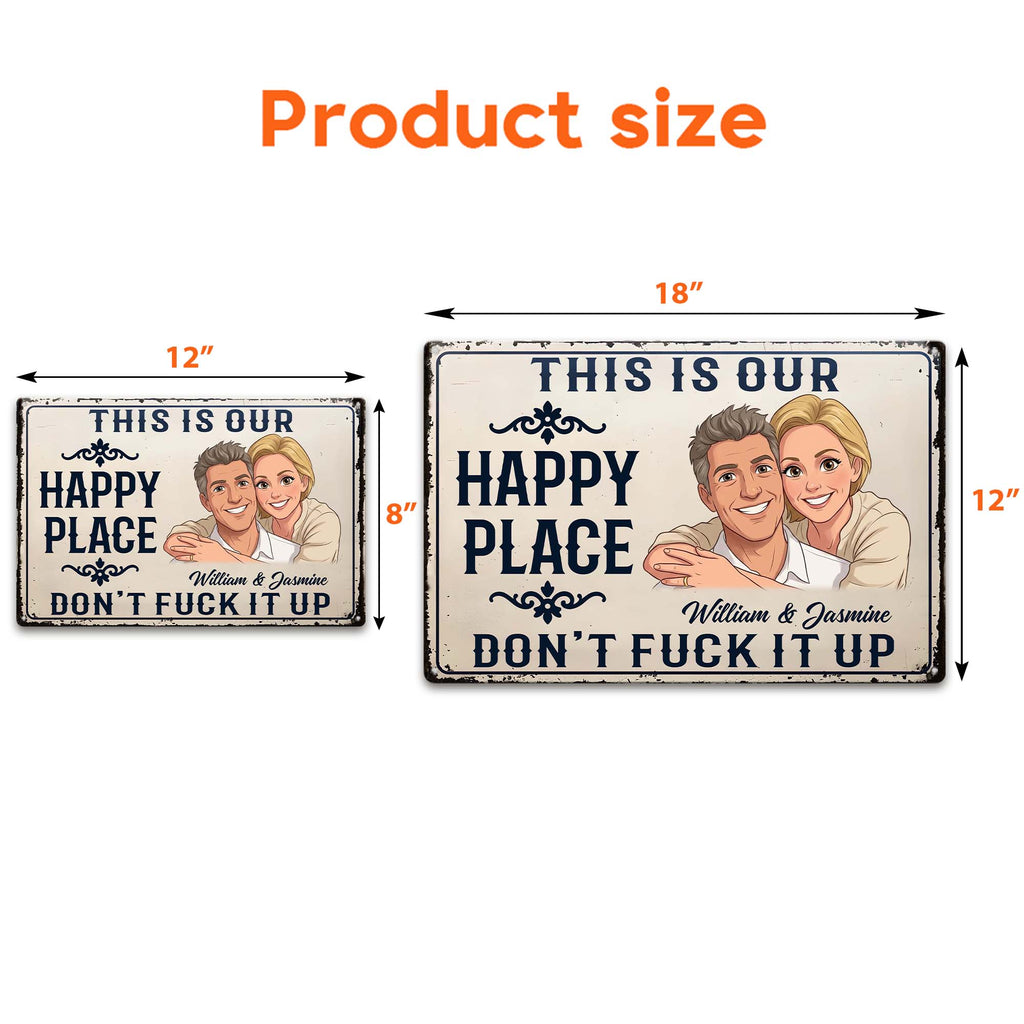 This Is Our Happy Place Custom Couple Photo Cartoon Art - Personalized Metal Sign