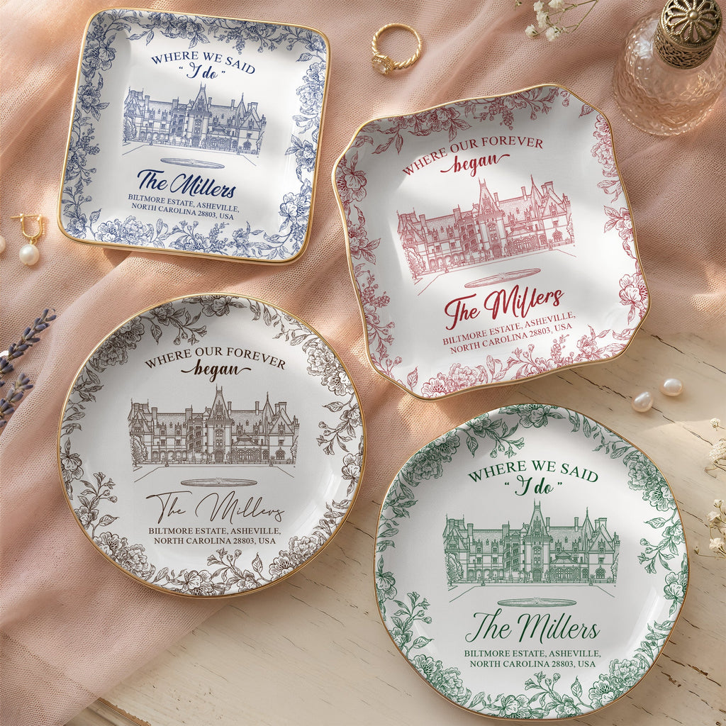 Toile De Jouy Custom Photo Wedding Venue Illustration Drawing - Gifts For Bride, Her - Personalized Jewelry Dish