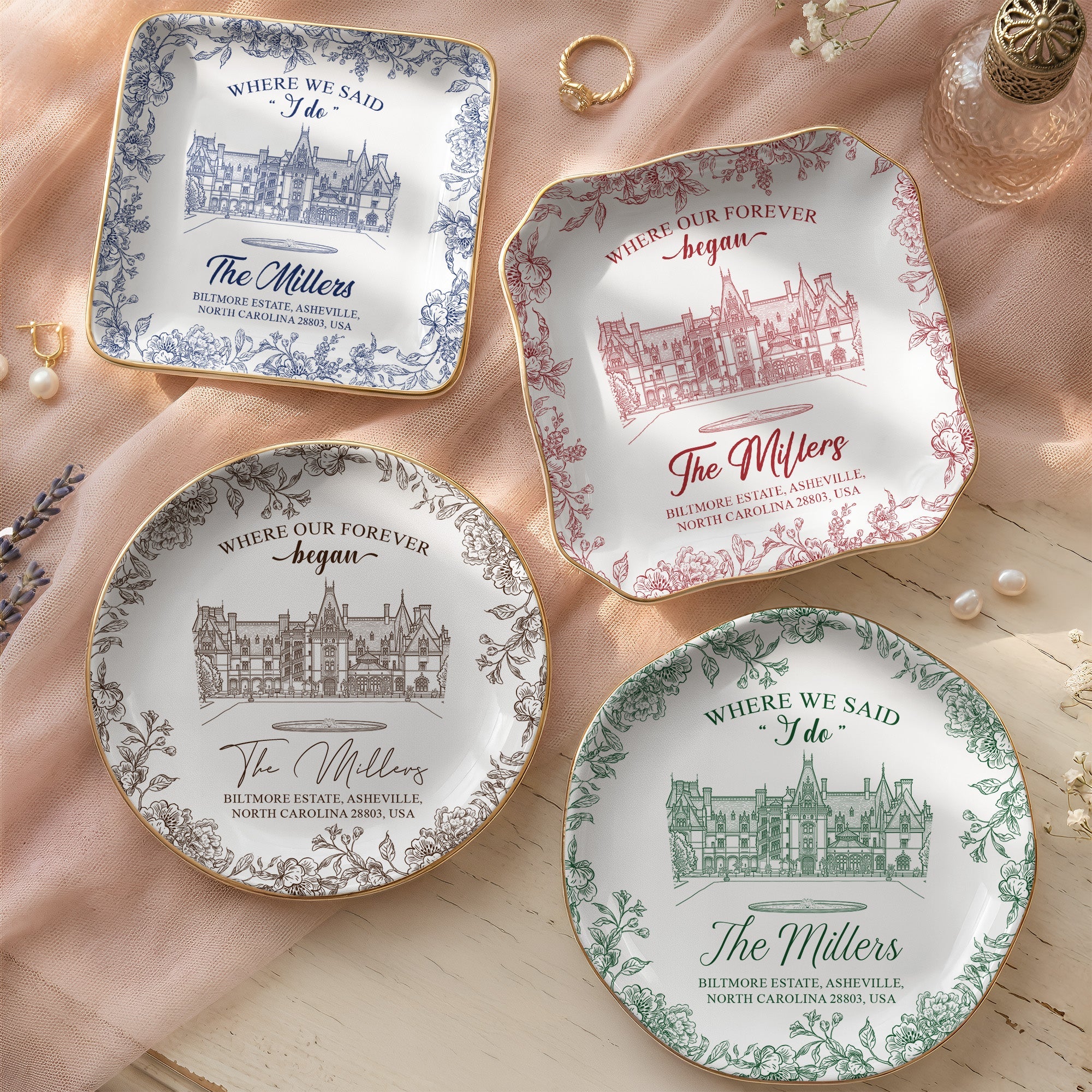 Toile De Jouy Custom Photo Wedding Venue Illustration Drawing - Gifts For Bride, Her - Personalized Jewelry Dish