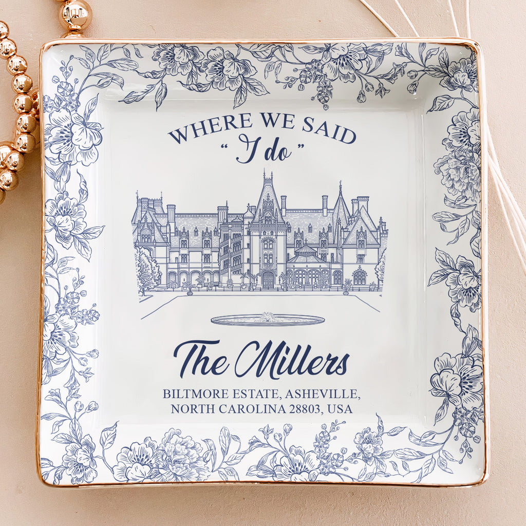 Toile De Jouy Custom Photo Wedding Venue Illustration Drawing - Gifts For Bride, Her - Personalized Jewelry Dish