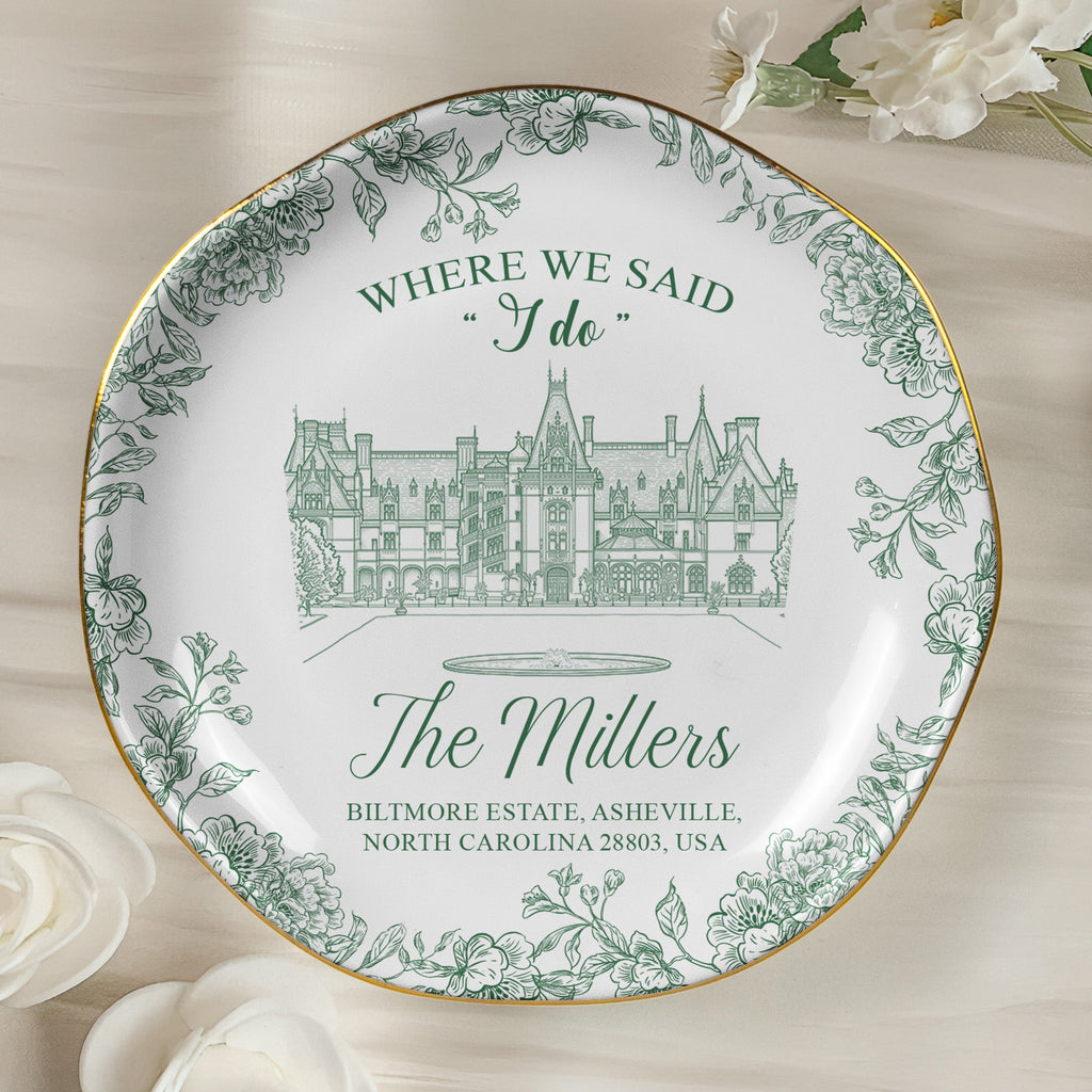 Toile De Jouy Custom Photo Wedding Venue Illustration Drawing - Gifts For Bride, Her - Personalized Jewelry Dish