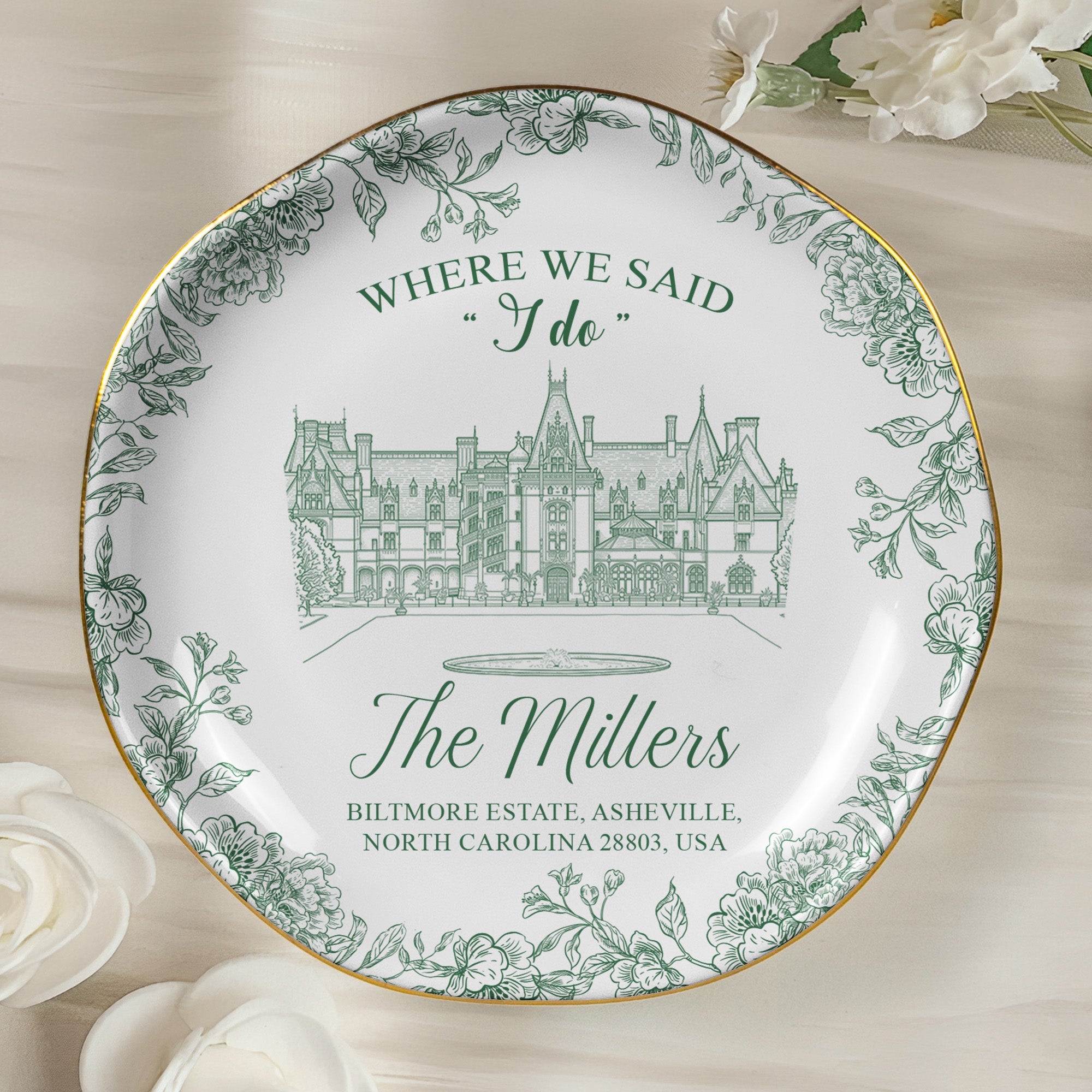 Toile De Jouy Custom Photo Wedding Venue Illustration Drawing - Gifts For Bride, Her - Personalized Jewelry Dish