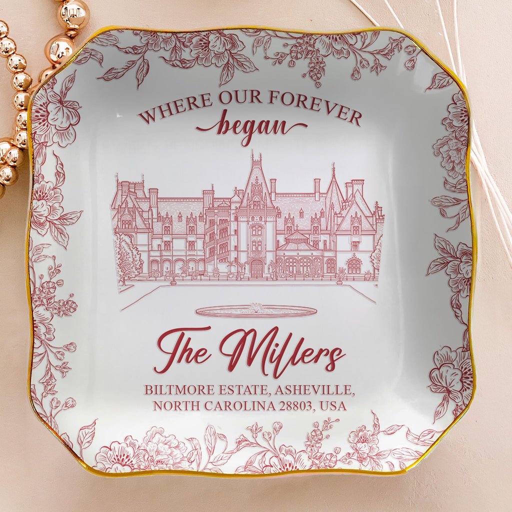 Toile De Jouy Custom Photo Wedding Venue Illustration Drawing - Gifts For Bride, Her - Personalized Jewelry Dish