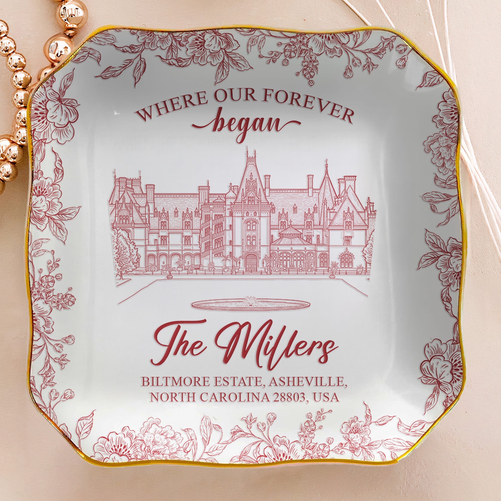 Toile De Jouy Custom Photo Wedding Venue Illustration Drawing - Gifts For Bride, Her - Personalized Jewelry Dish