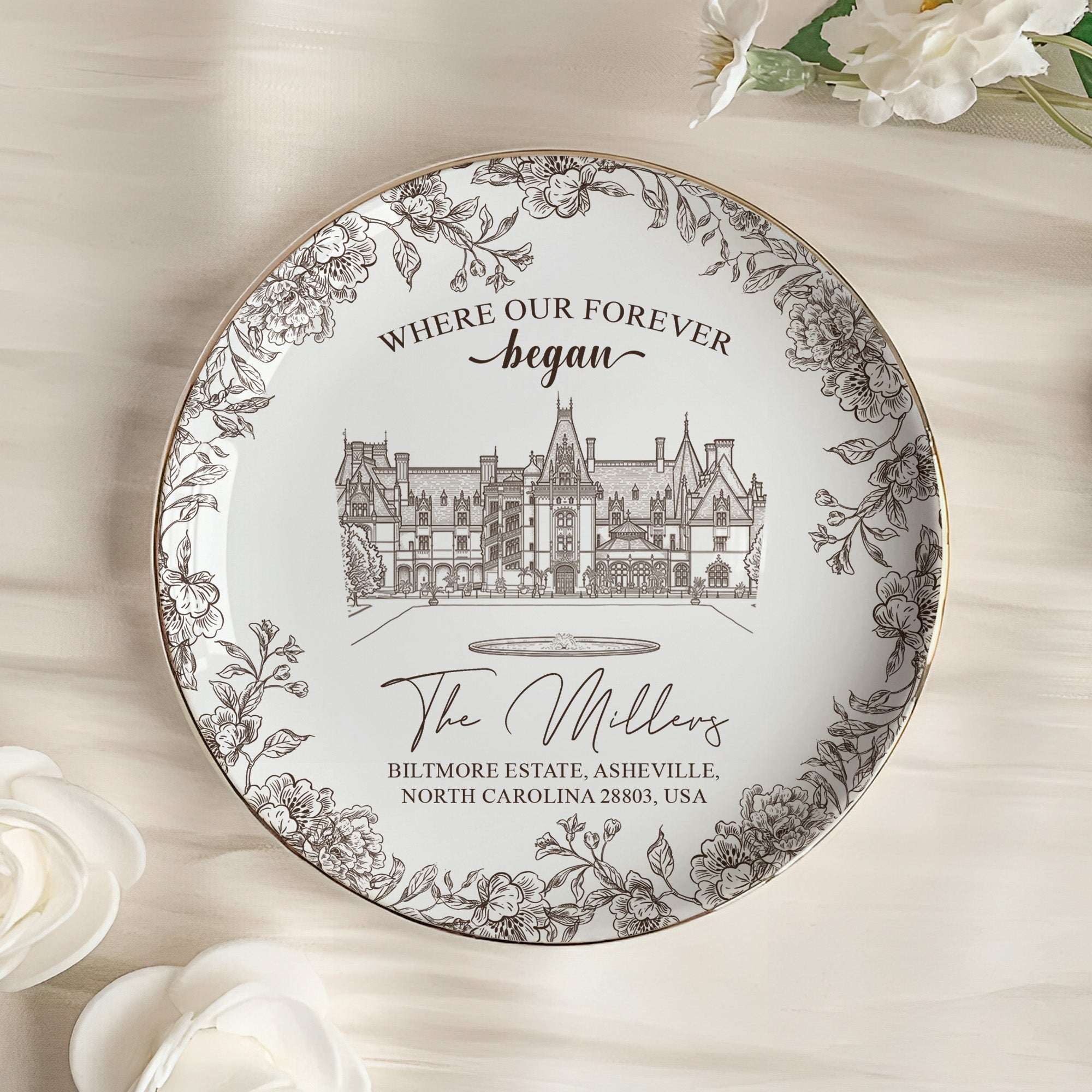 Toile De Jouy Custom Photo Wedding Venue Illustration Drawing - Gifts For Bride, Her - Personalized Jewelry Dish