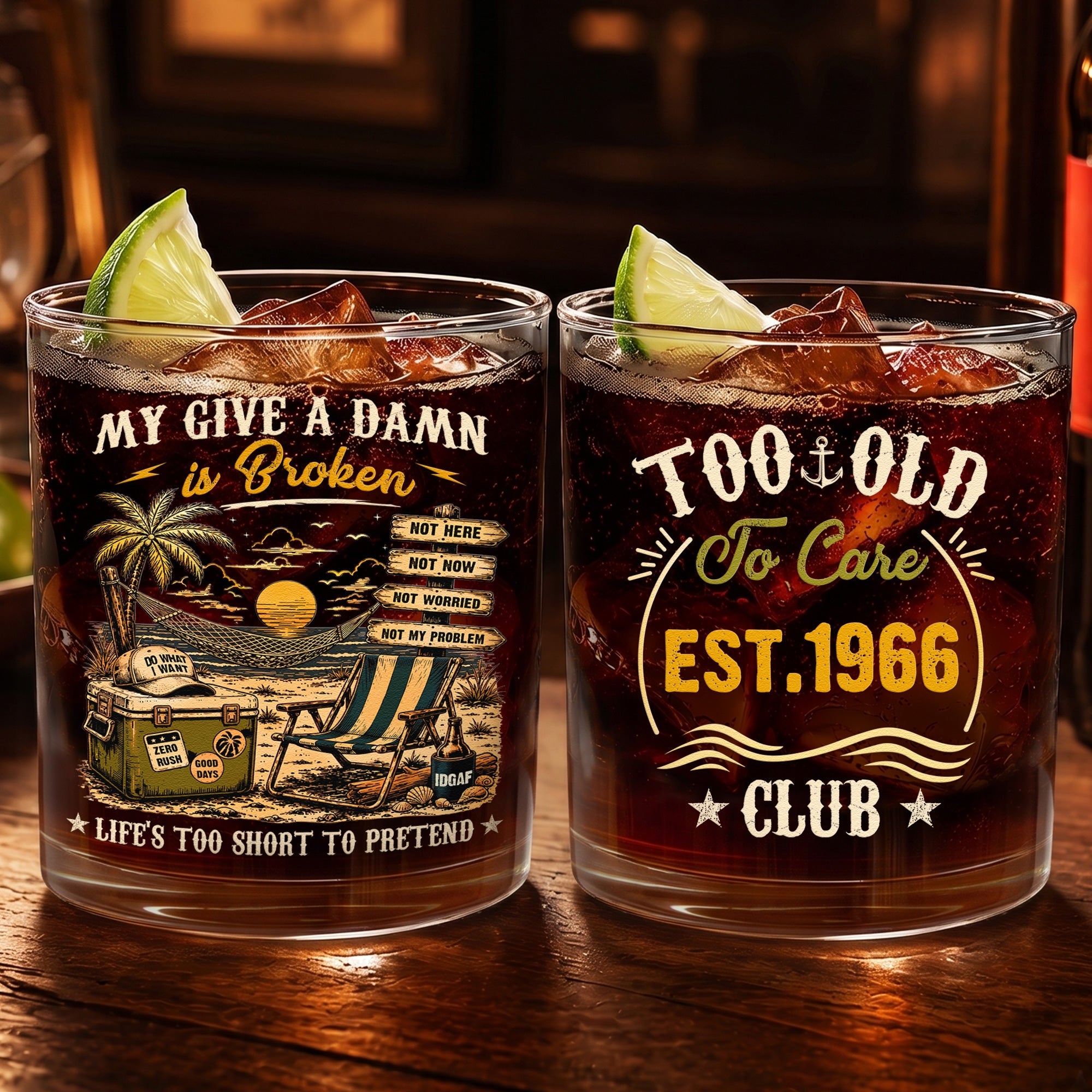 Too Old To Care Club - Funny Gift For Him, Dad, Husband, Boss, Retirement Gifts - Personalized Whiskey Glass