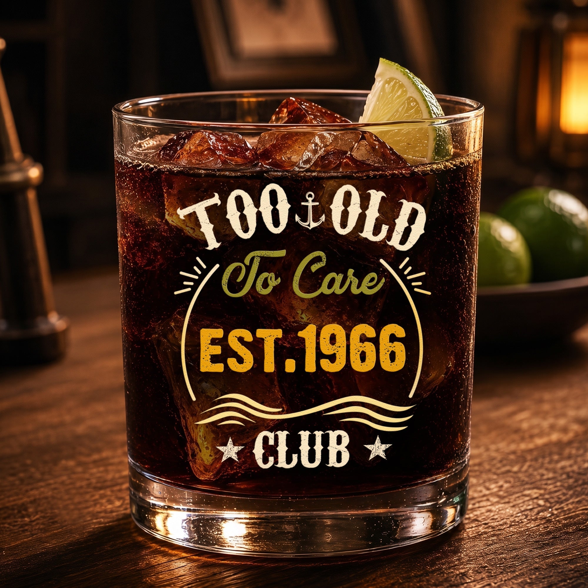 Too Old To Care Club - Funny Gift For Him, Dad, Husband, Boss, Retirement Gifts - Personalized Whiskey Glass