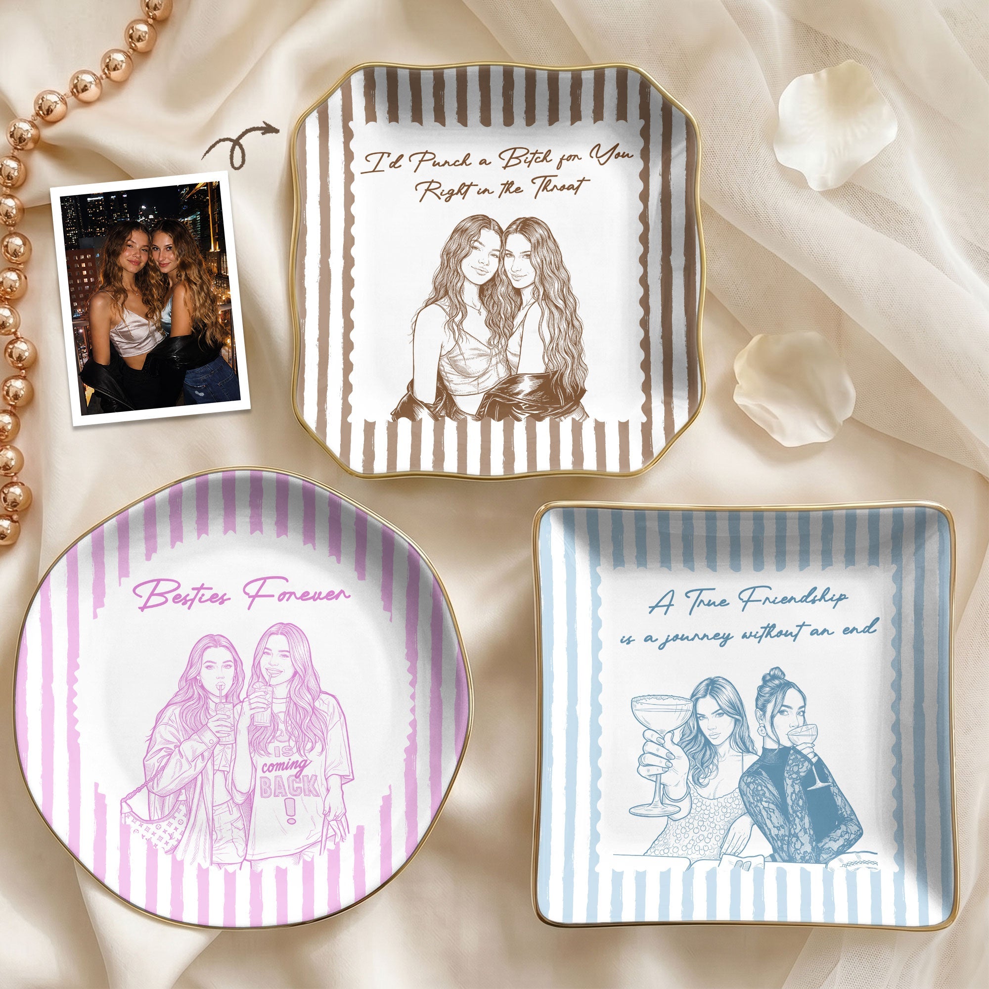 Turn Photo Into Art & Custom Friendship Quote - Stripe Vintage Cottage - Personalized Jewelry Dish