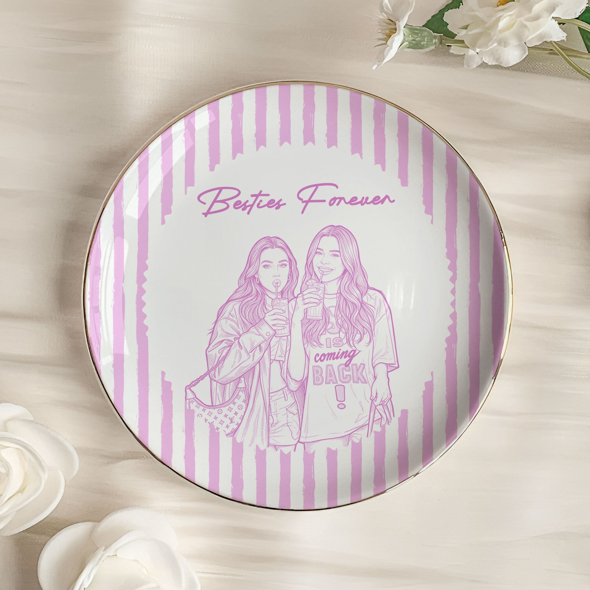Turn Photo Into Art & Custom Friendship Quote - Stripe Vintage Cottage - Personalized Jewelry Dish