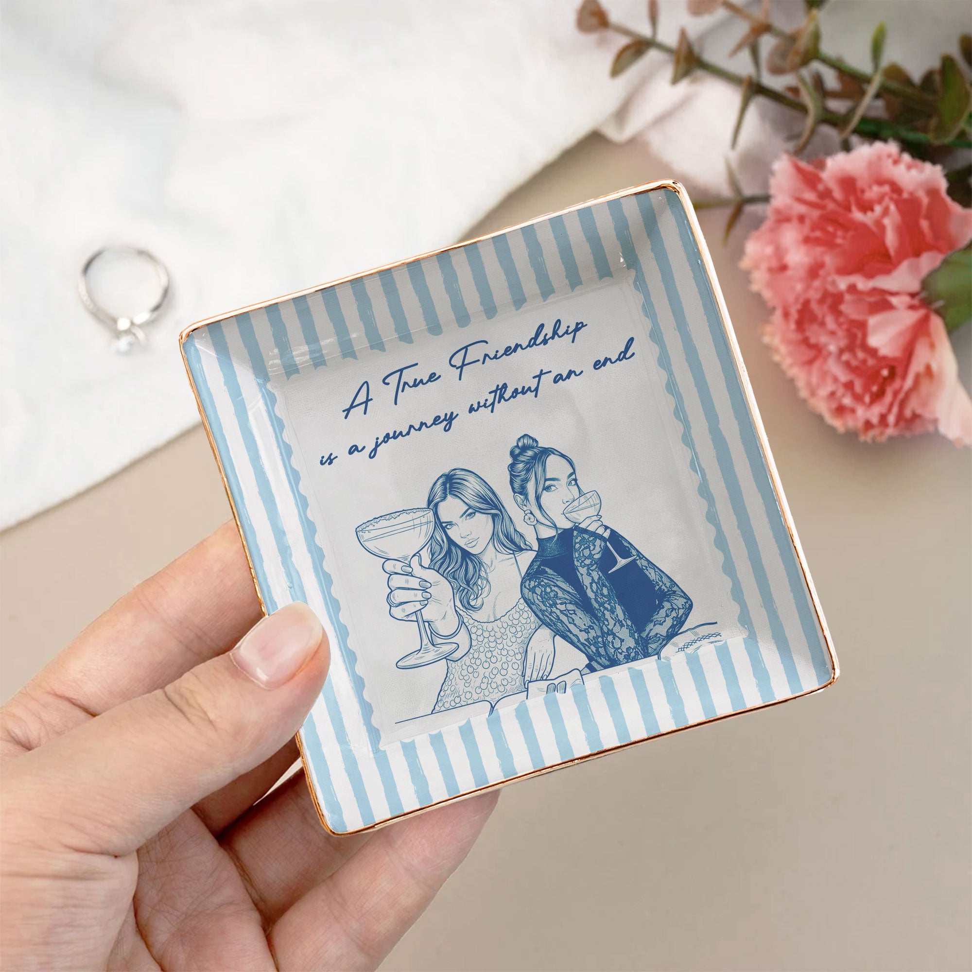 Turn Photo Into Art & Custom Friendship Quote - Stripe Vintage Cottage - Personalized Jewelry Dish