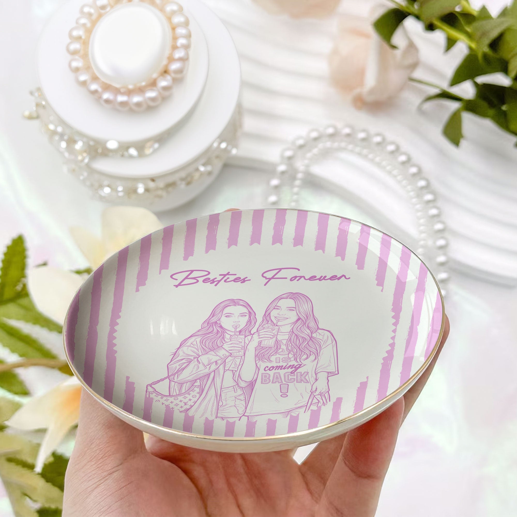 Turn Photo Into Art & Custom Friendship Quote - Stripe Vintage Cottage - Personalized Jewelry Dish