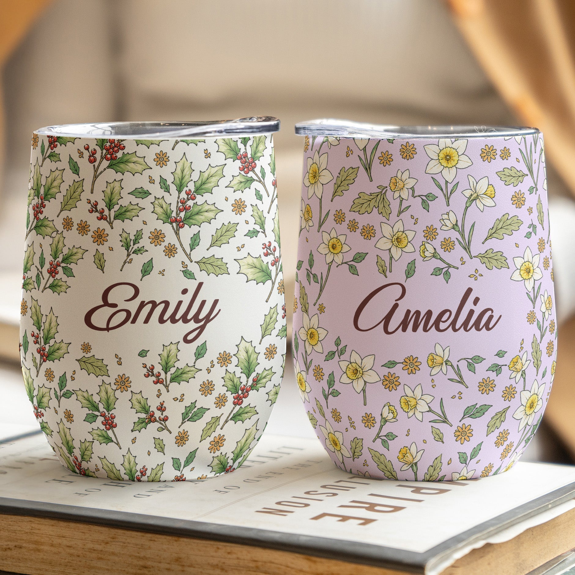Vintage Birth Flower Wedding Bridesmaid Birthday Gift - Personalized Wine Tumbler
