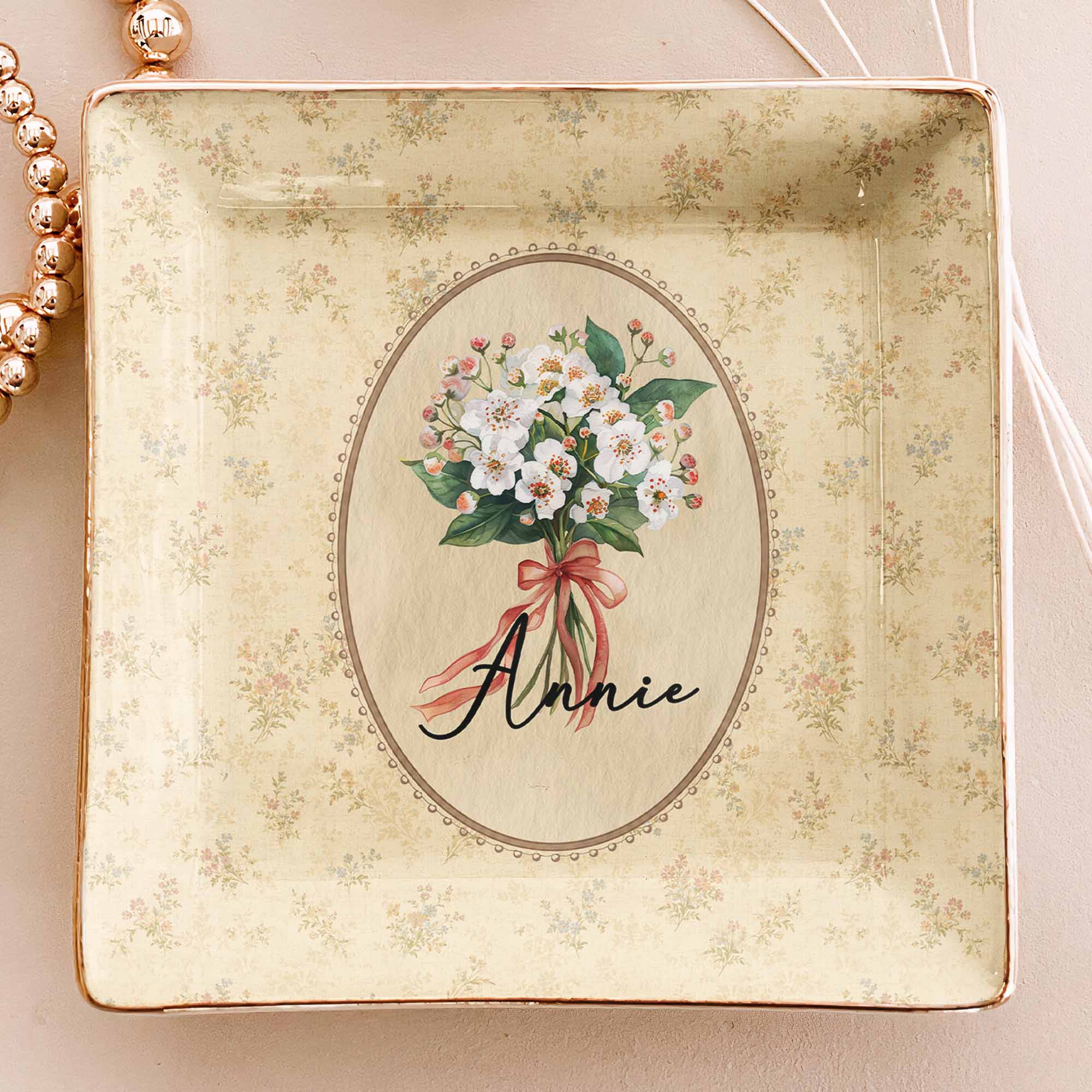 Vintage Custom Birth Flower - Personalized Jewelry Dish