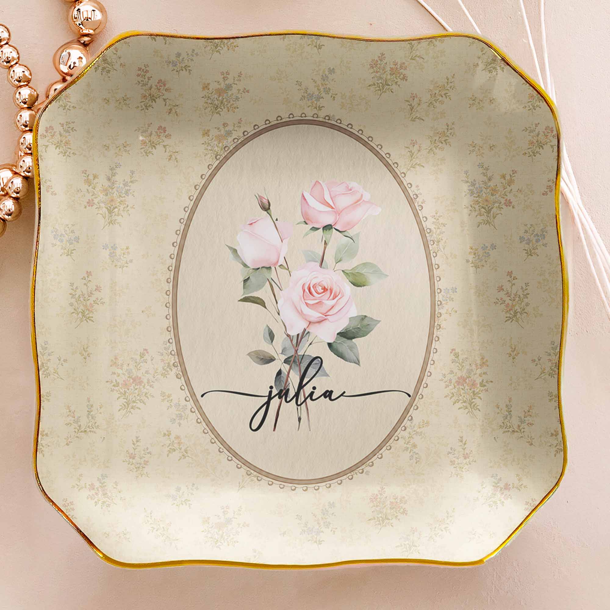 Vintage Custom Birth Flower - Personalized Jewelry Dish