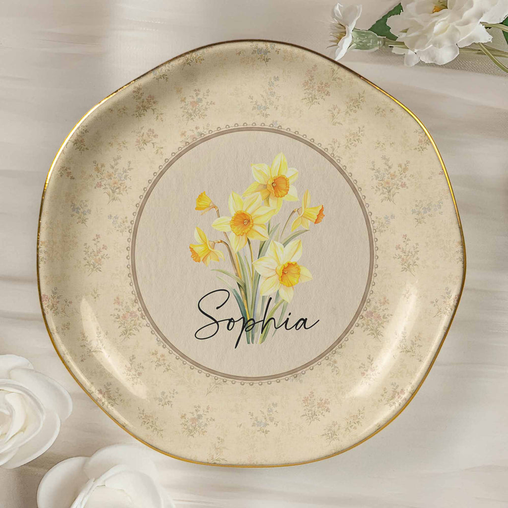 Vintage Custom Birth Flower - Personalized Jewelry Dish