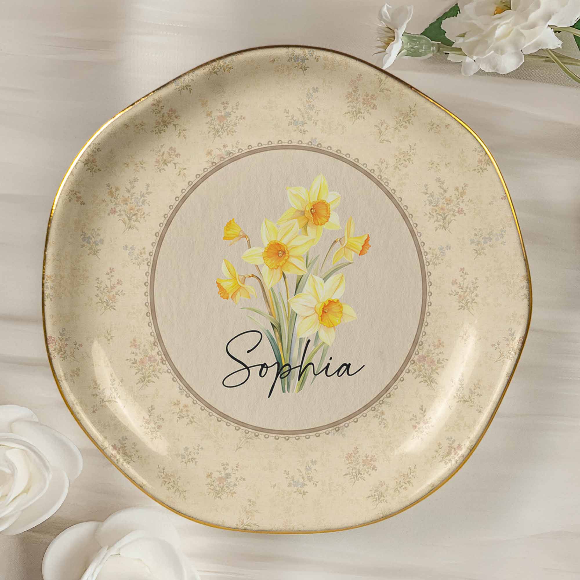 Vintage Custom Birth Flower - Personalized Jewelry Dish