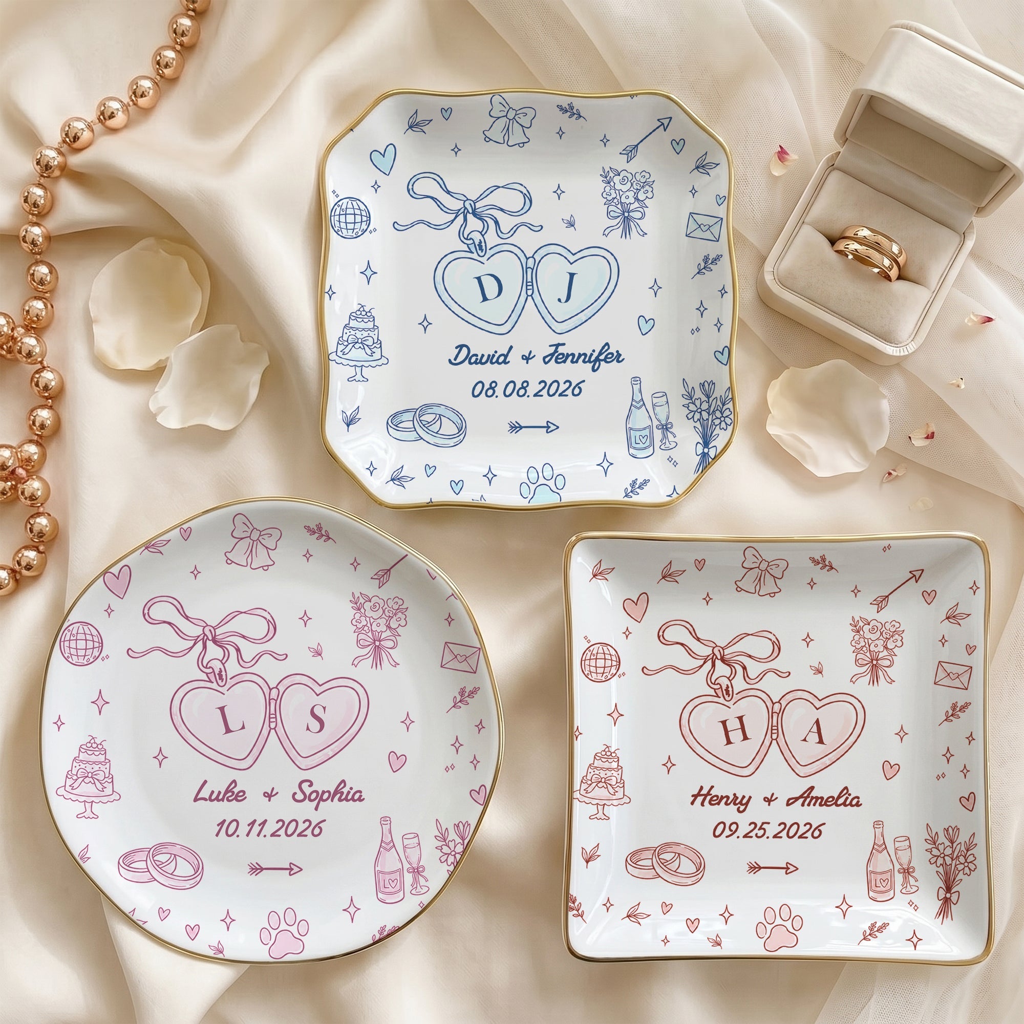 Wedding Ring Dish For Couple Custom Names & Year Engagement Bridal Shower Gift For Bride - Personalized Jewelry Dish