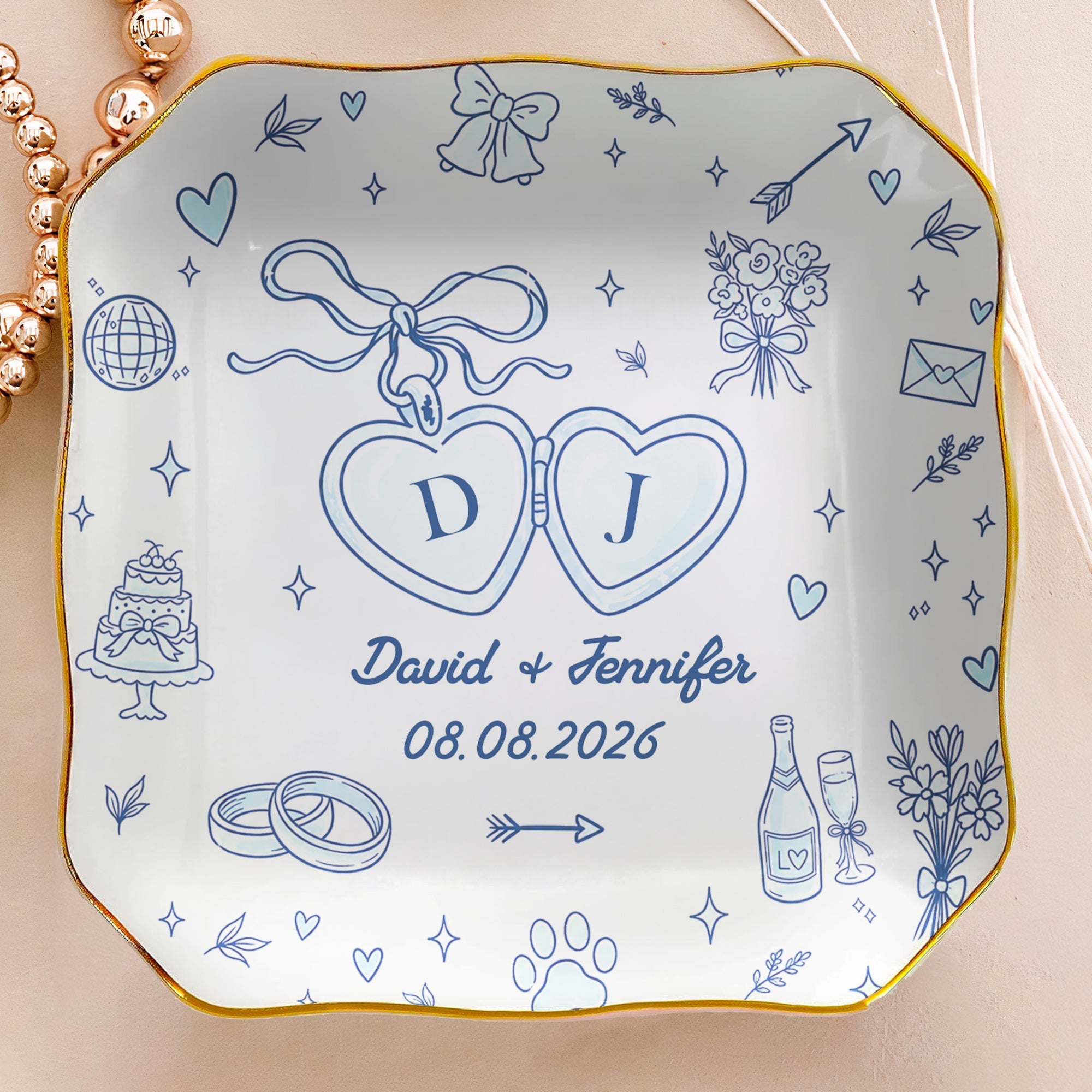Wedding Ring Dish For Couple Custom Names & Year Engagement Bridal Shower Gift For Bride - Personalized Jewelry Dish
