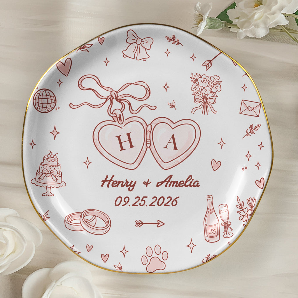 Wedding Ring Dish For Couple Custom Names & Year Engagement Bridal Shower Gift For Bride - Personalized Jewelry Dish