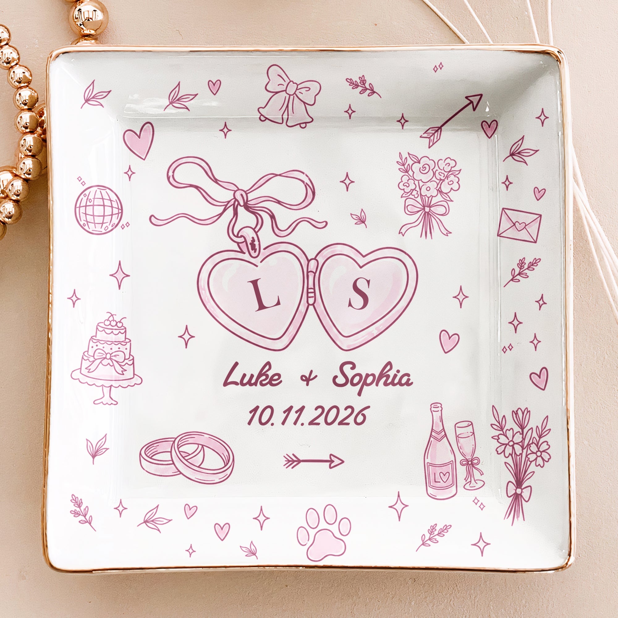 Wedding Ring Dish For Couple Custom Names & Year Engagement Bridal Shower Gift For Bride - Personalized Jewelry Dish