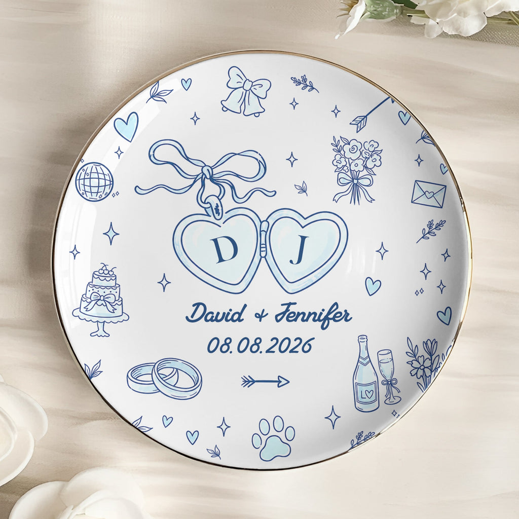 Wedding Ring Dish For Couple Custom Names & Year Engagement Bridal Shower Gift For Bride - Personalized Jewelry Dish