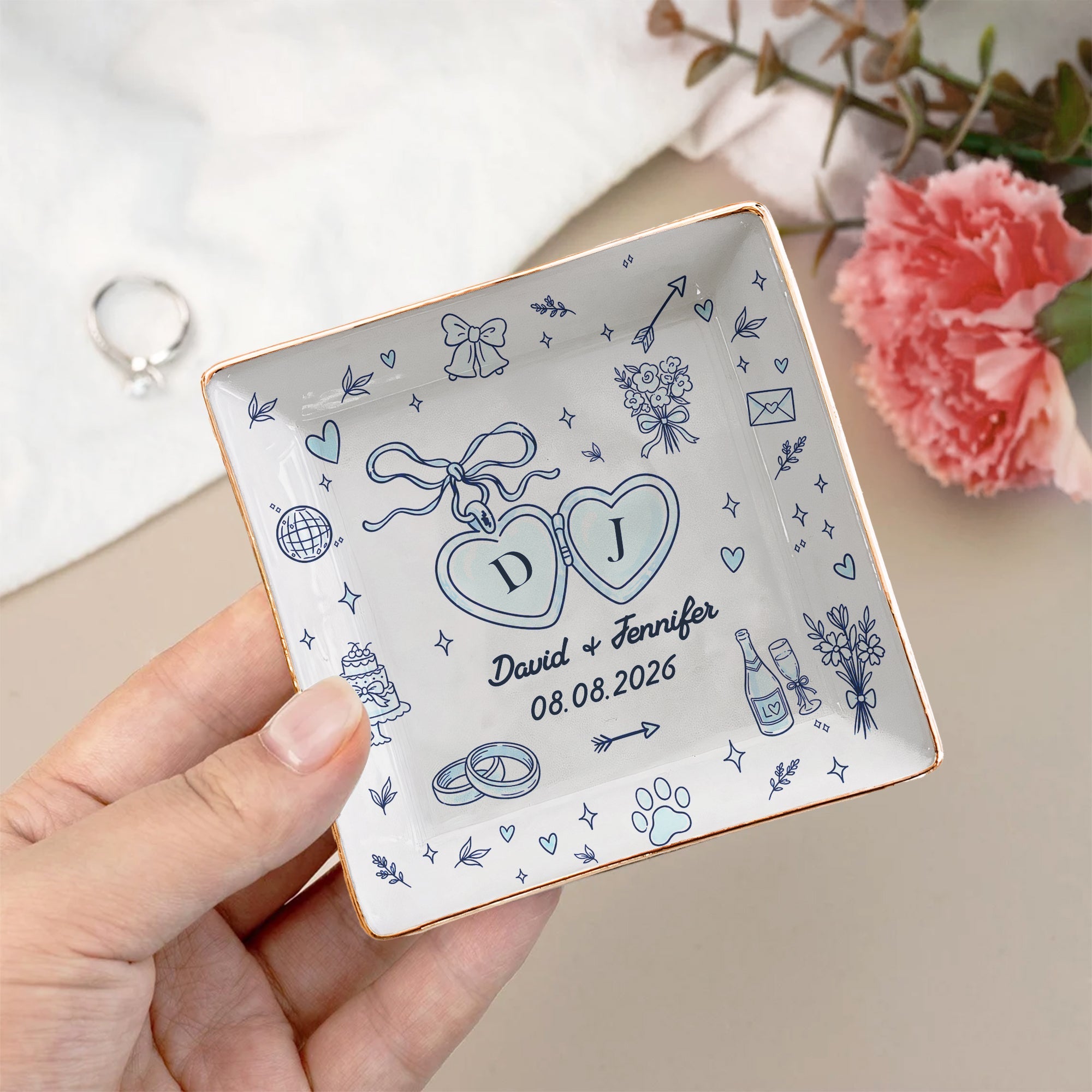 Wedding Ring Dish For Couple Custom Names & Year Engagement Bridal Shower Gift For Bride - Personalized Jewelry Dish