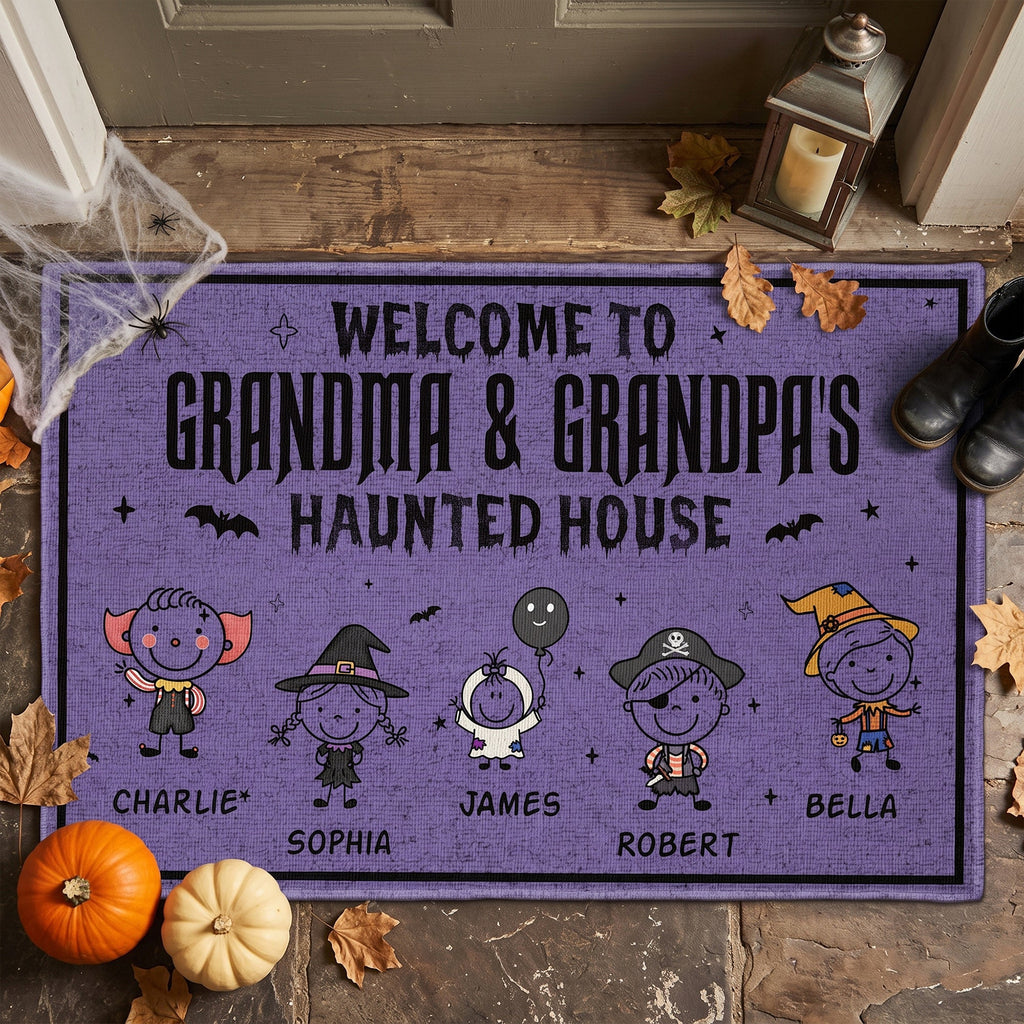 Welcome To Grandma & Grandpa's Haunted House Doodle - Personalized Doormat