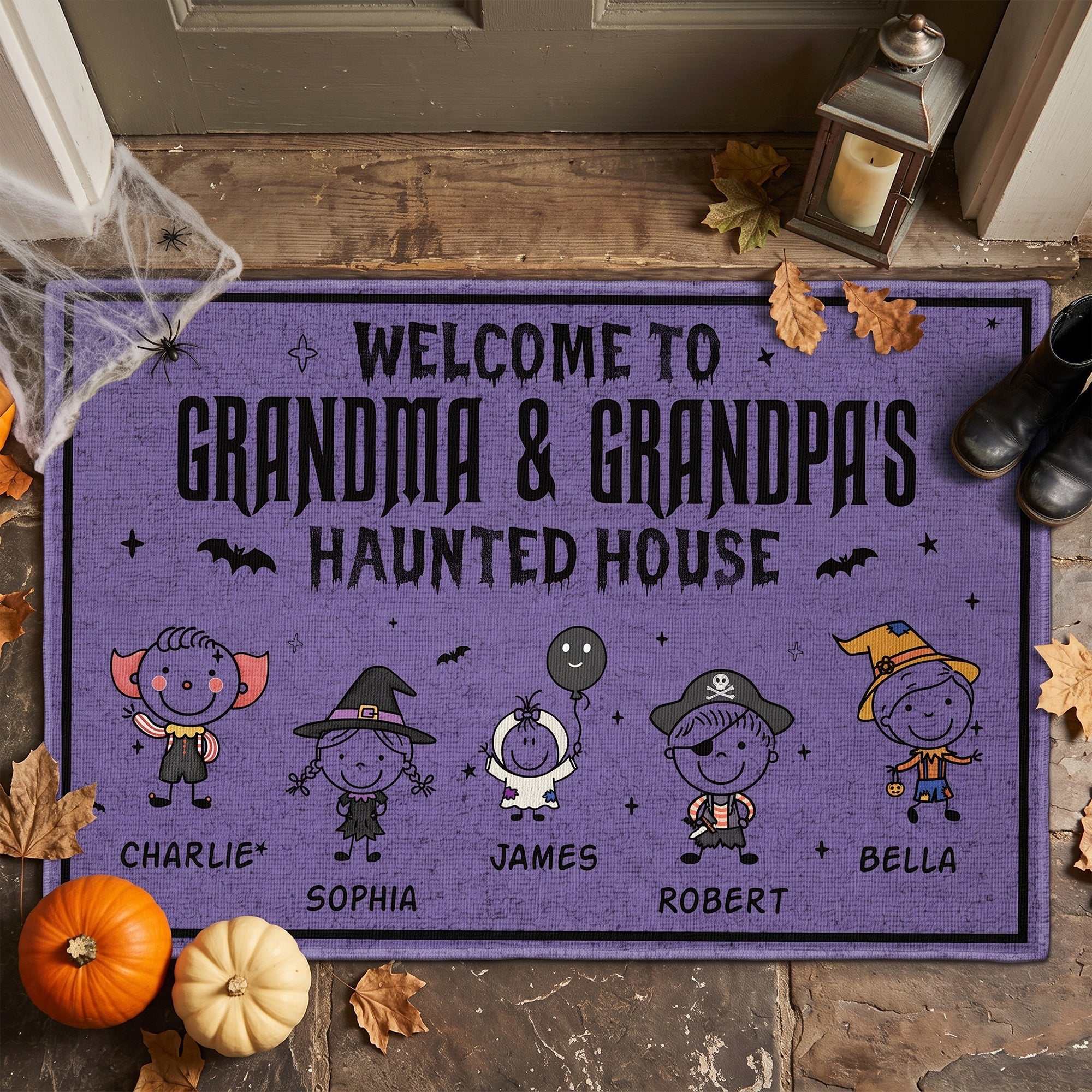 Welcome To Grandma & Grandpa's Haunted House Doodle - Personalized Doormat