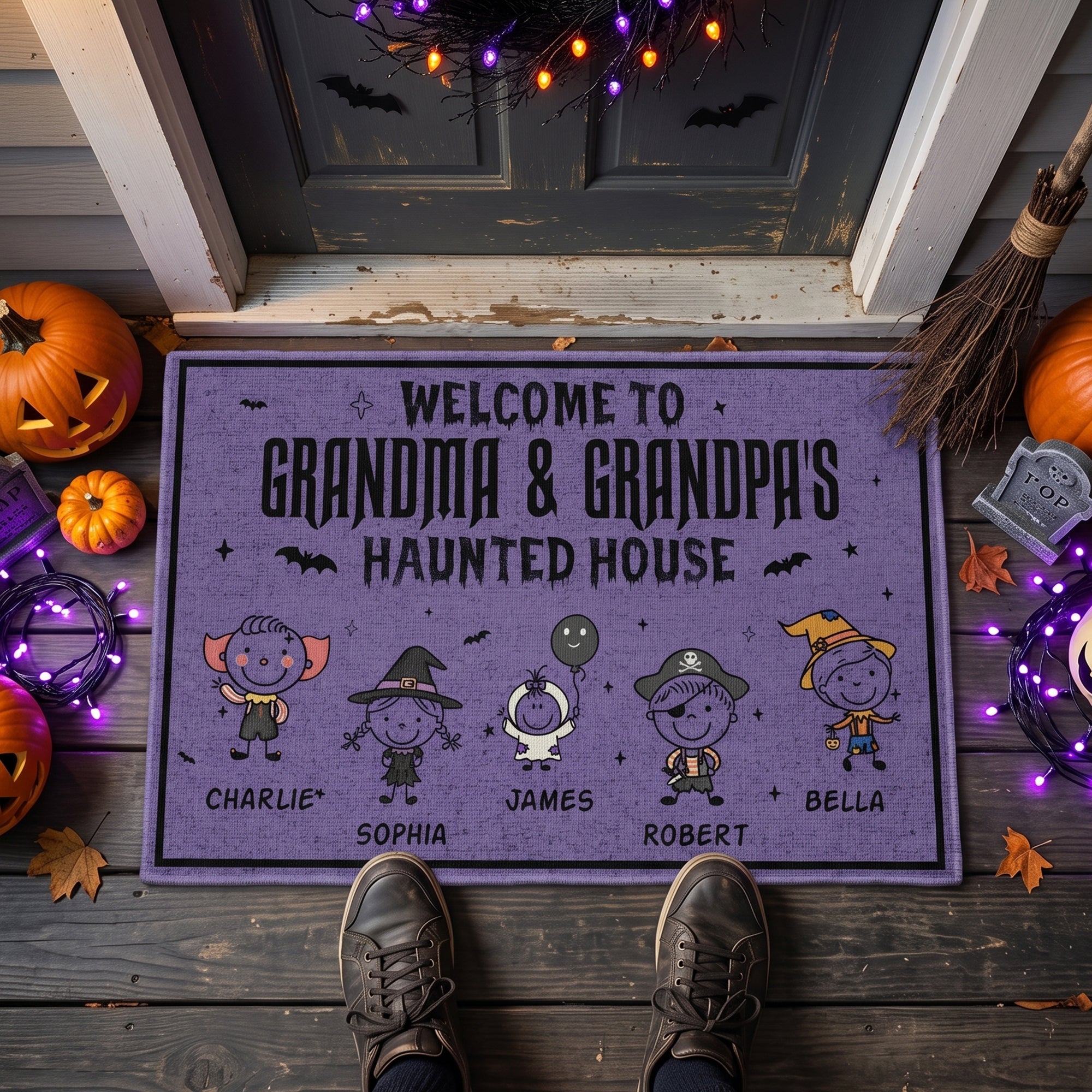 Welcome To Grandma & Grandpa's Haunted House Doodle - Personalized Doormat