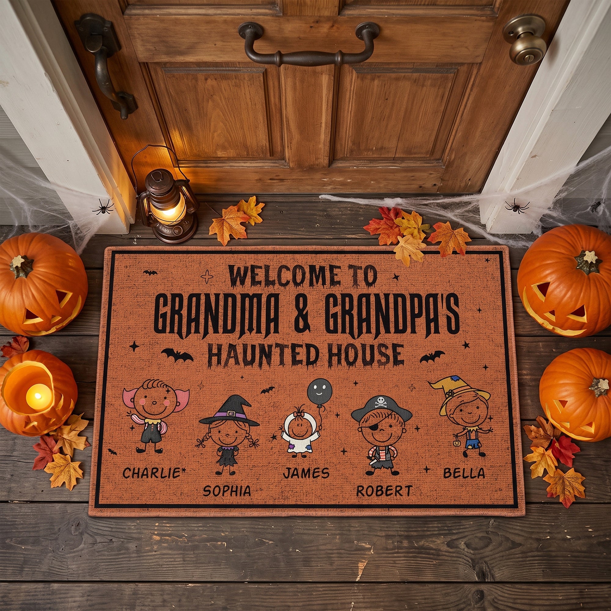 Welcome To Grandma & Grandpa's Haunted House Doodle - Personalized Doormat