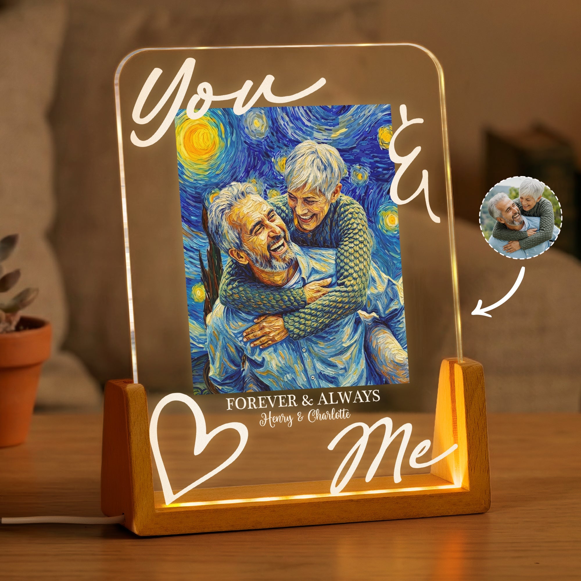 You & Me Forever & Always Custom Photo Van Gogh Art Anniversary Gifts - Personalized Night Light