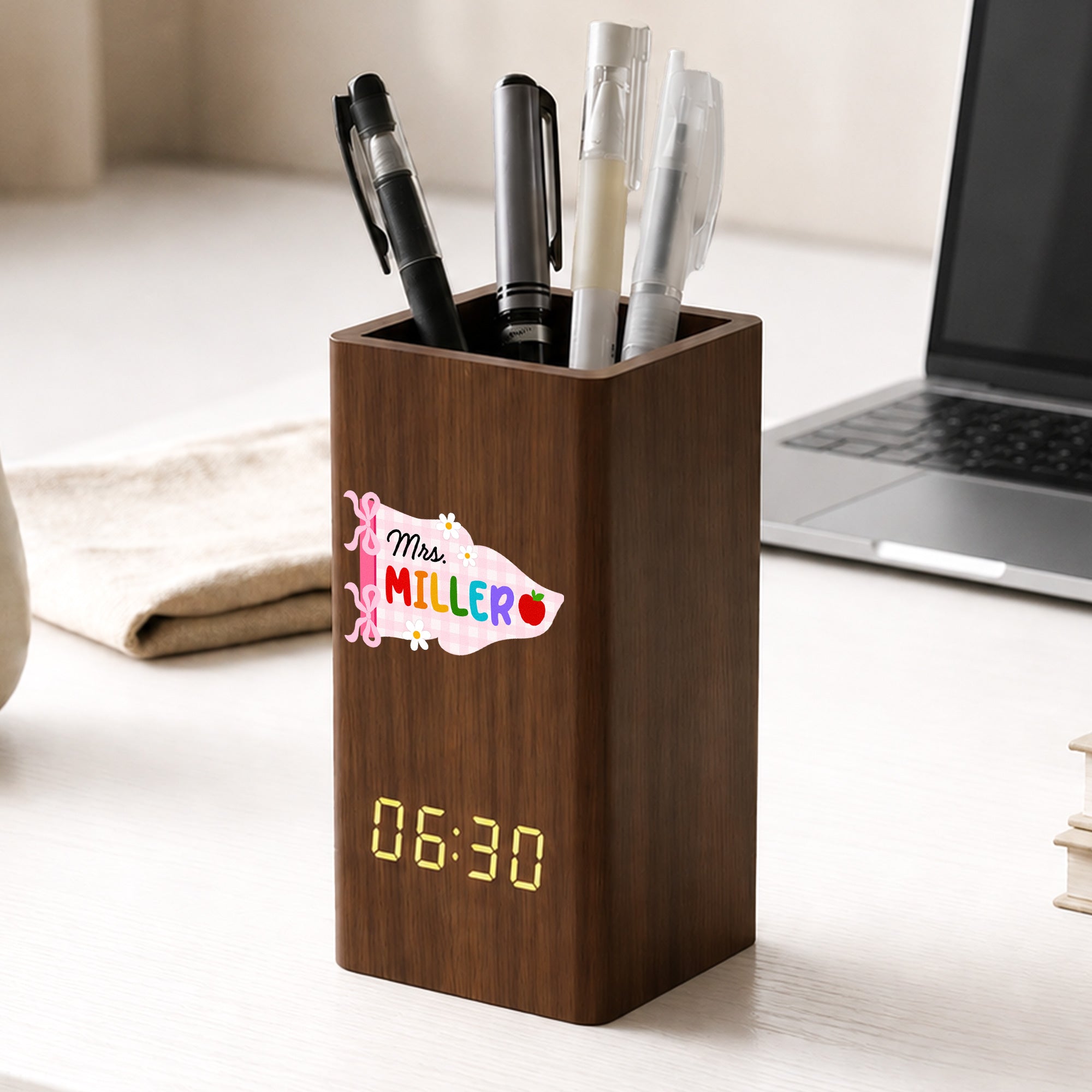 Coquette Bow Gingham Pennant Teacher - Personalized Pen Holder With Clock