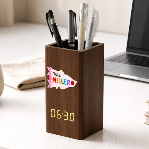 Coquette Bow Gingham Pennant Teacher - Personalized Pen Holder With Clock