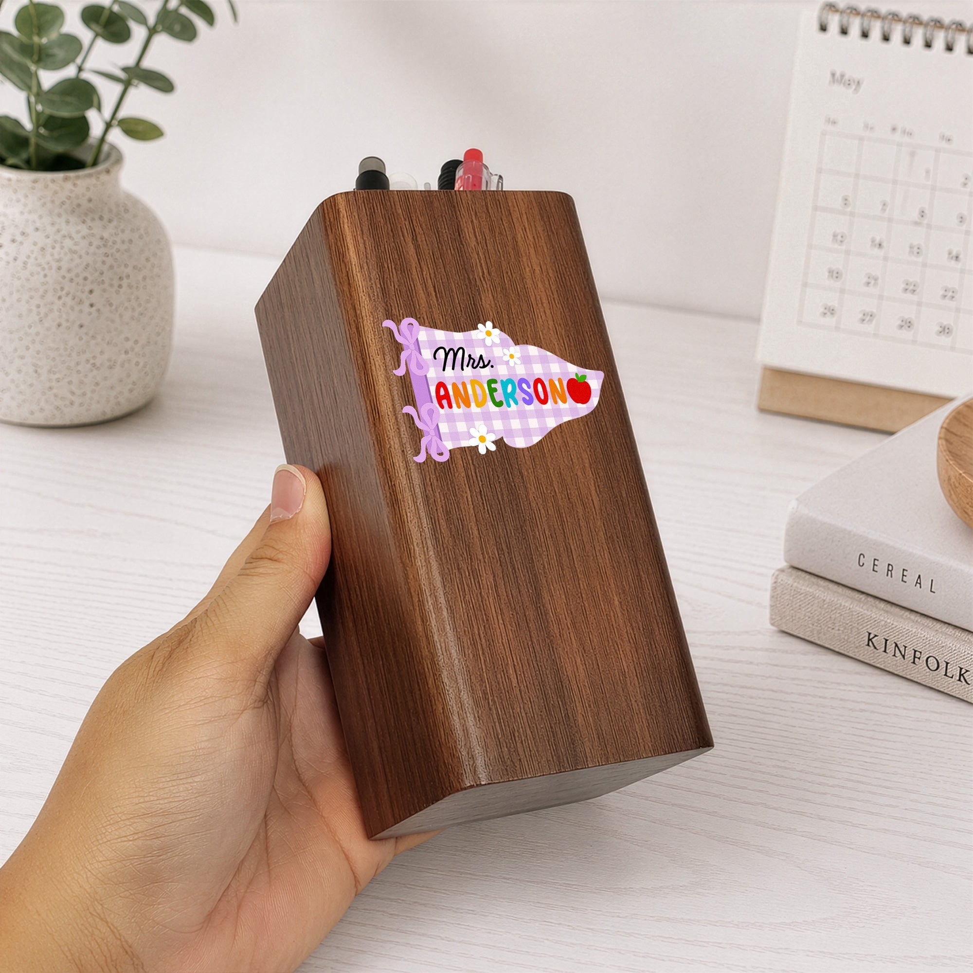 Coquette Bow Gingham Pennant Teacher - Personalized Pen Holder With Clock