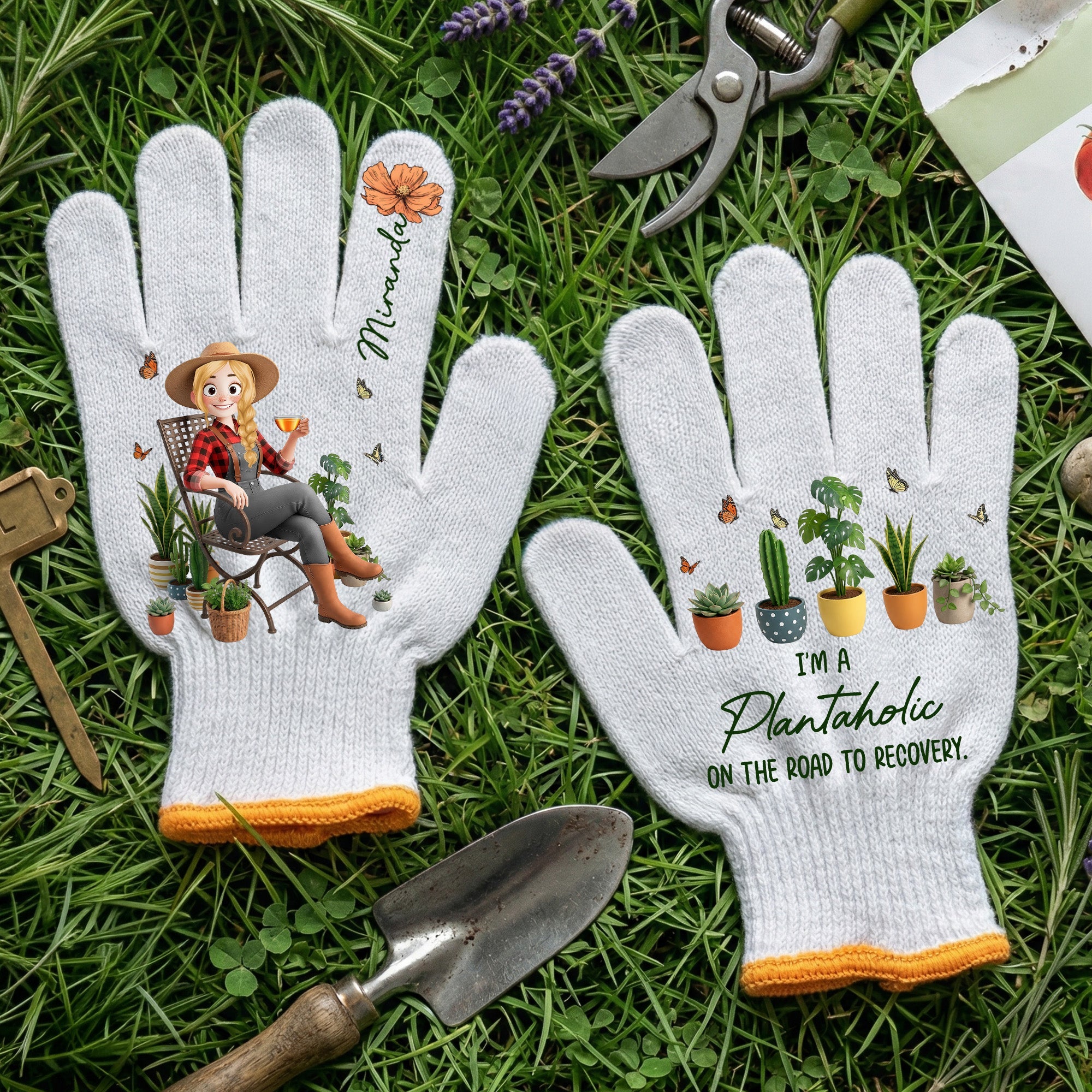 Custom Birth Flower & Cute Character - Gifts For Her, Gardener, Mom, Grandma, Wife - Personalized Gardening Gloves