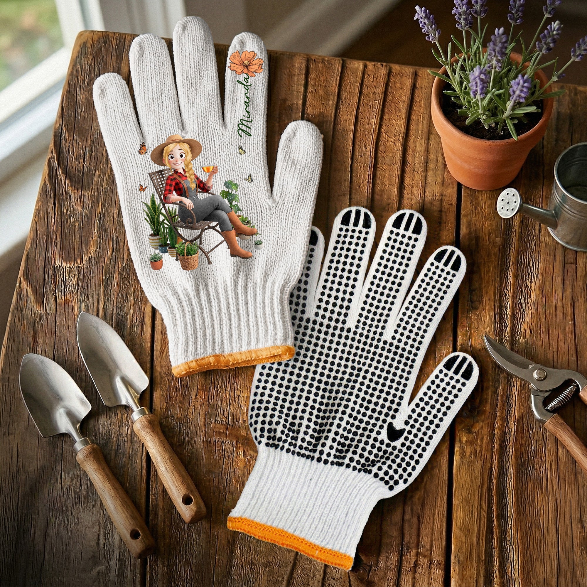 Custom Birth Flower & Cute Character - Gifts For Her, Gardener, Mom, Grandma, Wife - Personalized Gardening Gloves