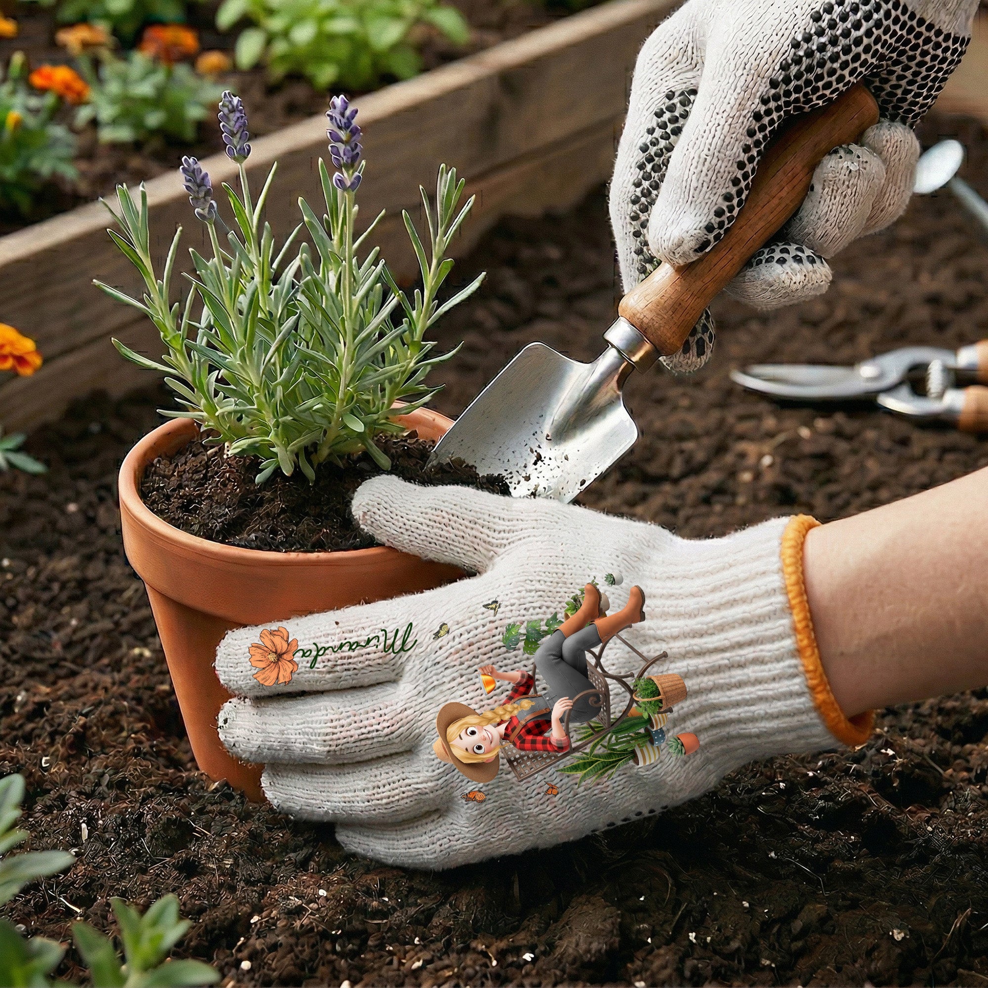 Custom Birth Flower & Cute Character - Gifts For Her, Gardener, Mom, Grandma, Wife - Personalized Gardening Gloves