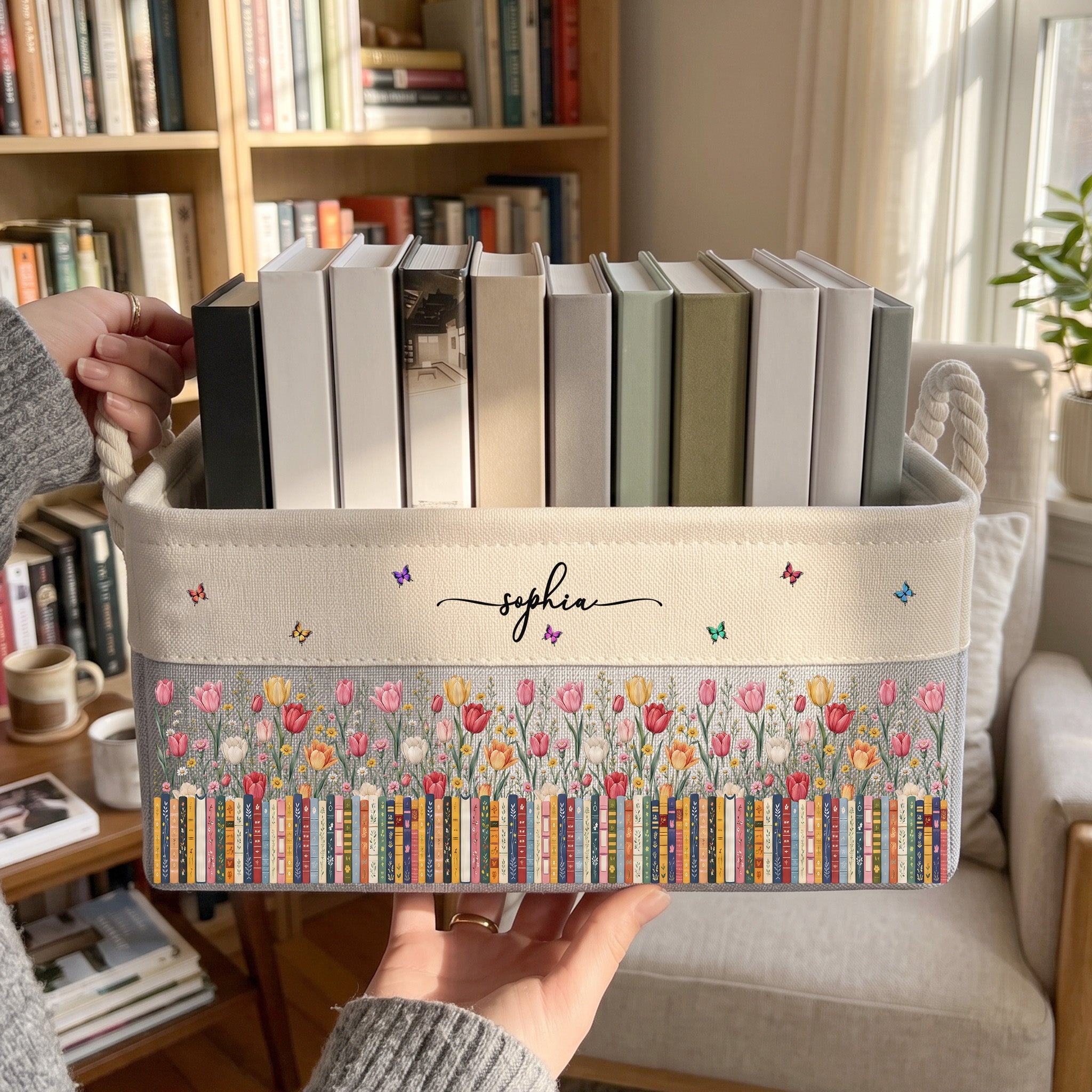 Custom Birth Flower & Name - For Book Lovers - Personalized Storage Basket