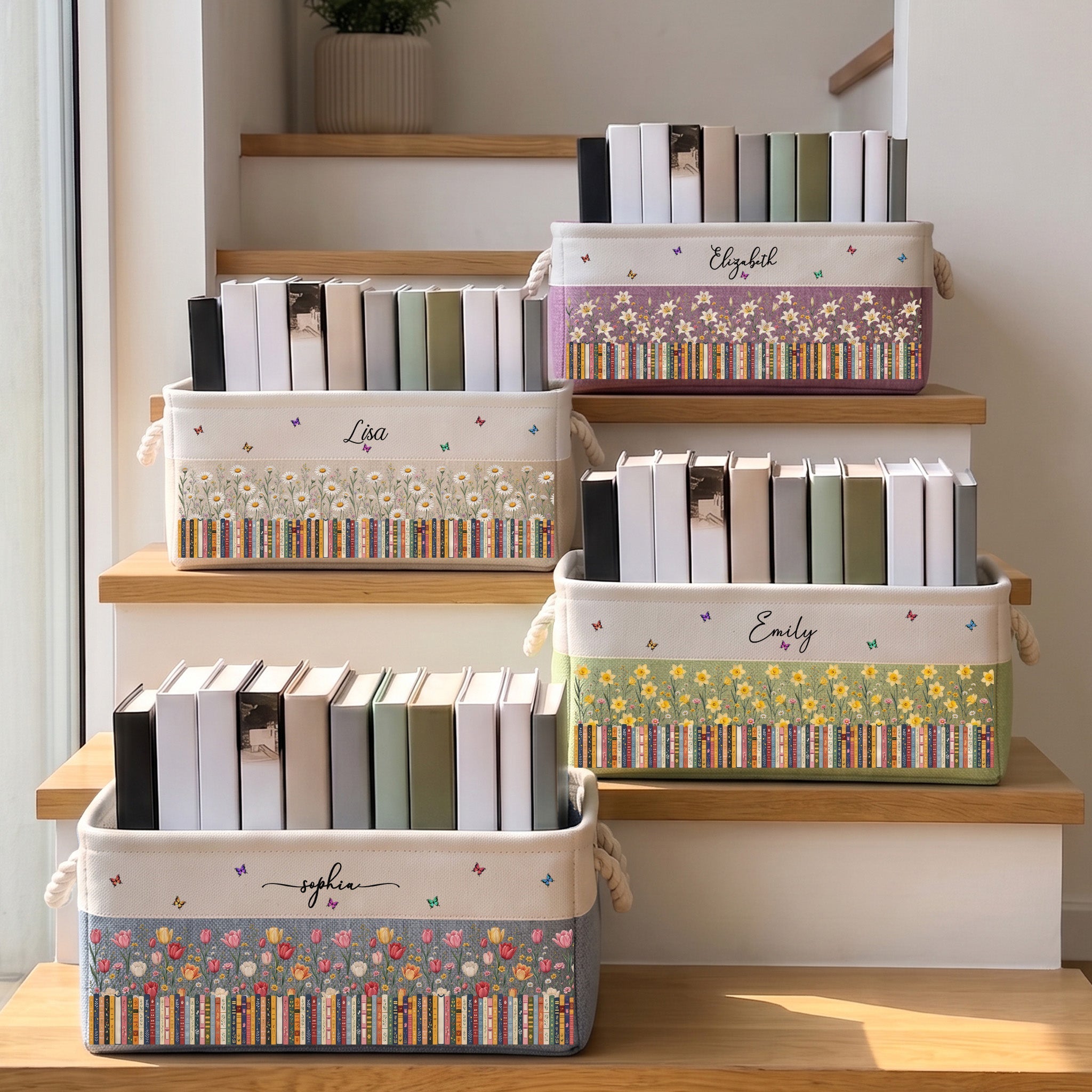 Custom Birth Flower & Name - For Book Lovers - Personalized Storage Basket