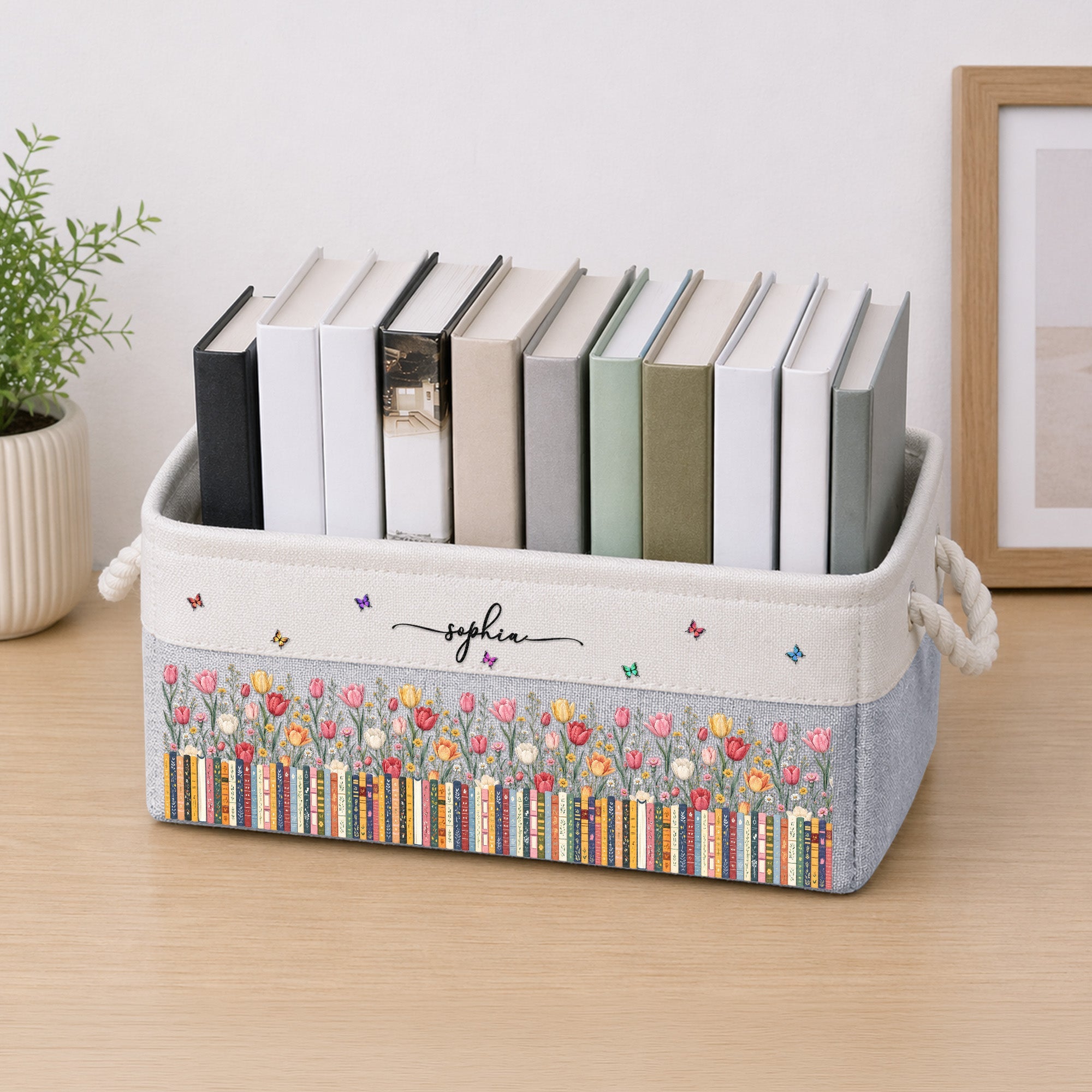 Custom Birth Flower & Name - For Book Lovers - Personalized Storage Basket