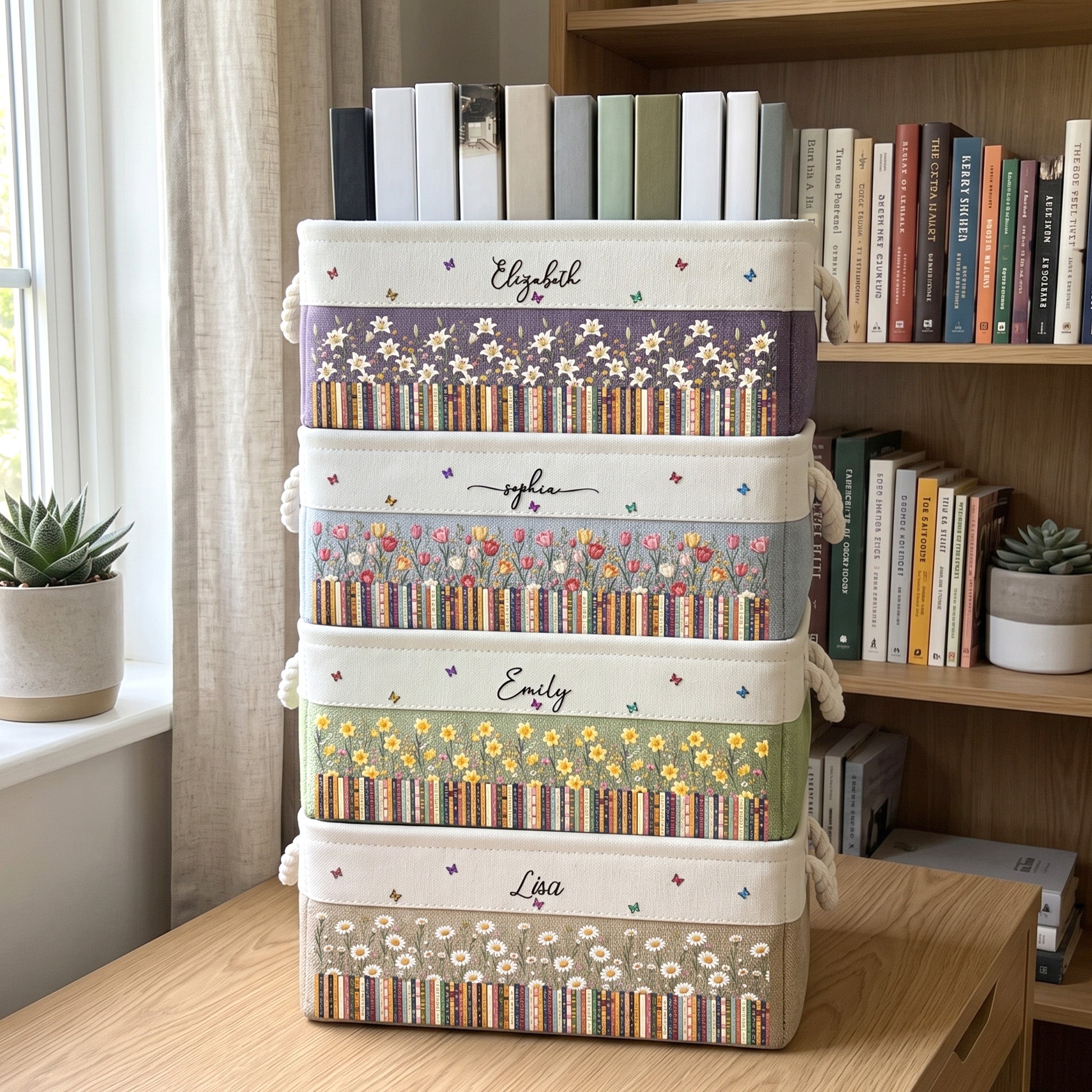Custom Birth Flower & Name - For Book Lovers - Personalized Storage Basket