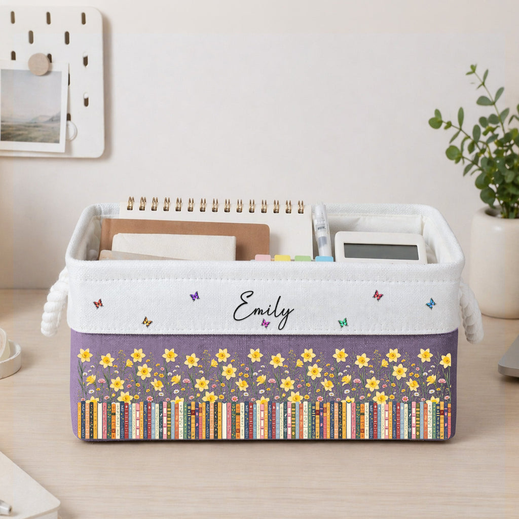 Custom Birth Flower & Name - For Book Lovers - Personalized Storage Basket