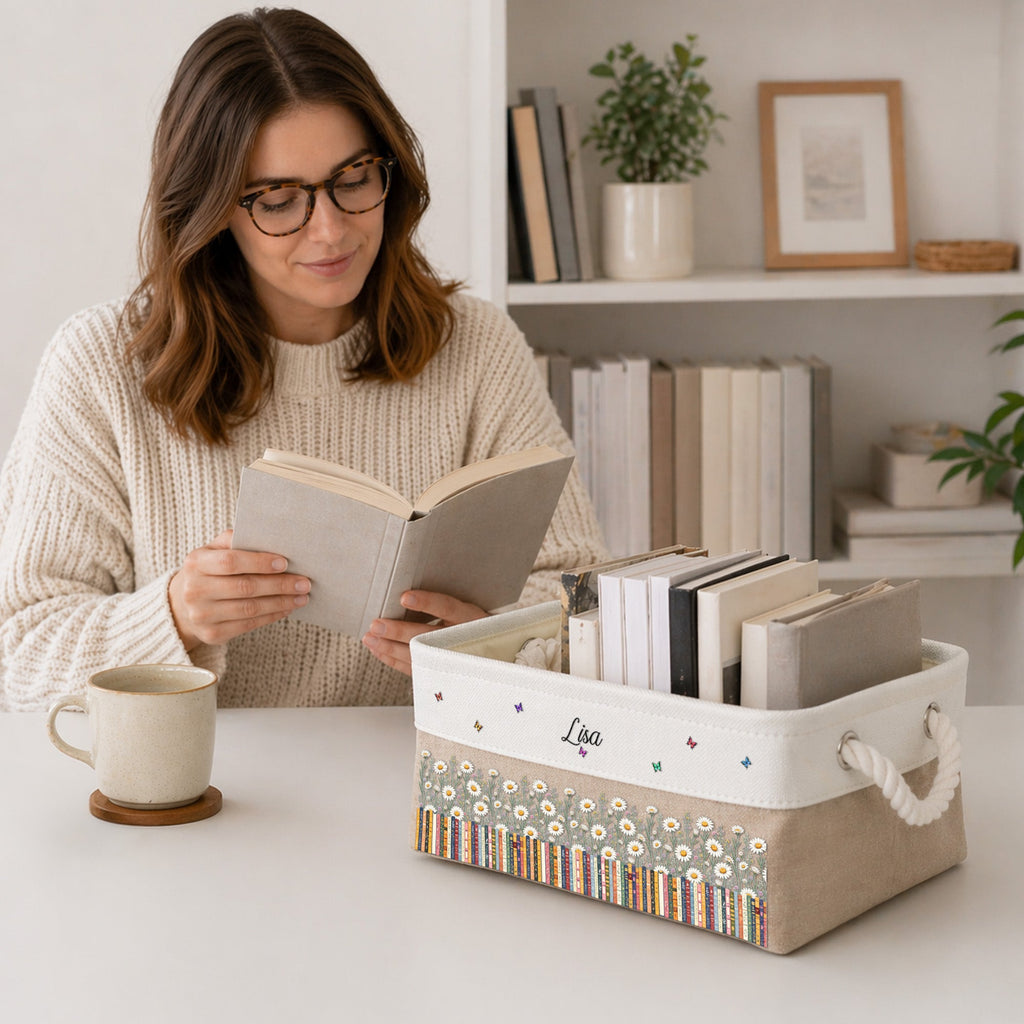 Custom Birth Flower & Name - For Book Lovers - Personalized Storage Basket