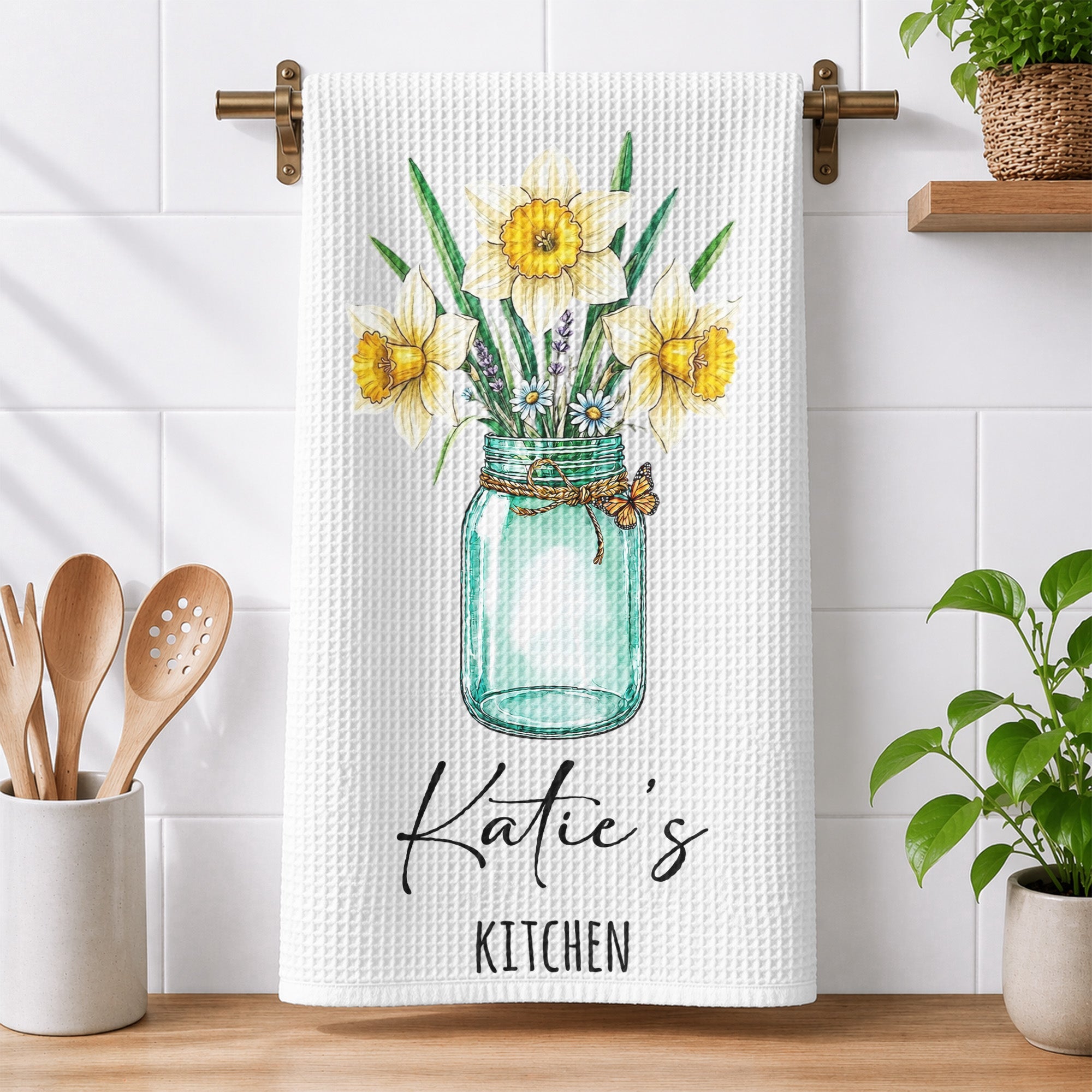 Custom Birth Flower & Name For Her Kitchen - Grandma, Mom, Wife, Sisters - Personalized Kitchen Towel