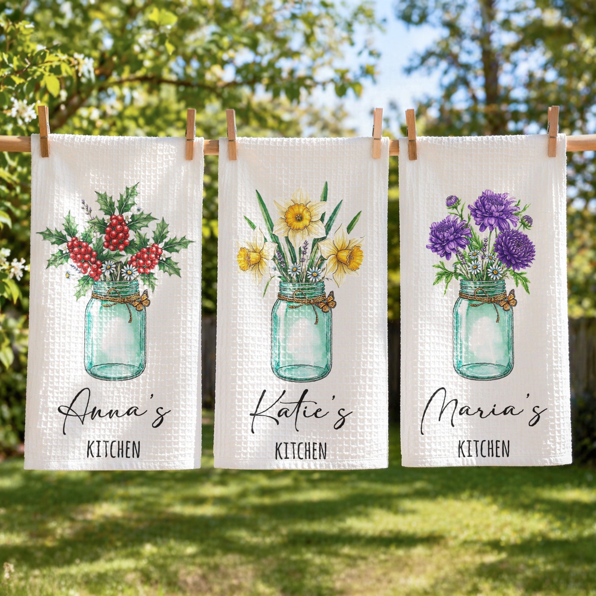 Custom Birth Flower & Name For Her Kitchen - Grandma, Mom, Wife, Sisters - Personalized Kitchen Towel