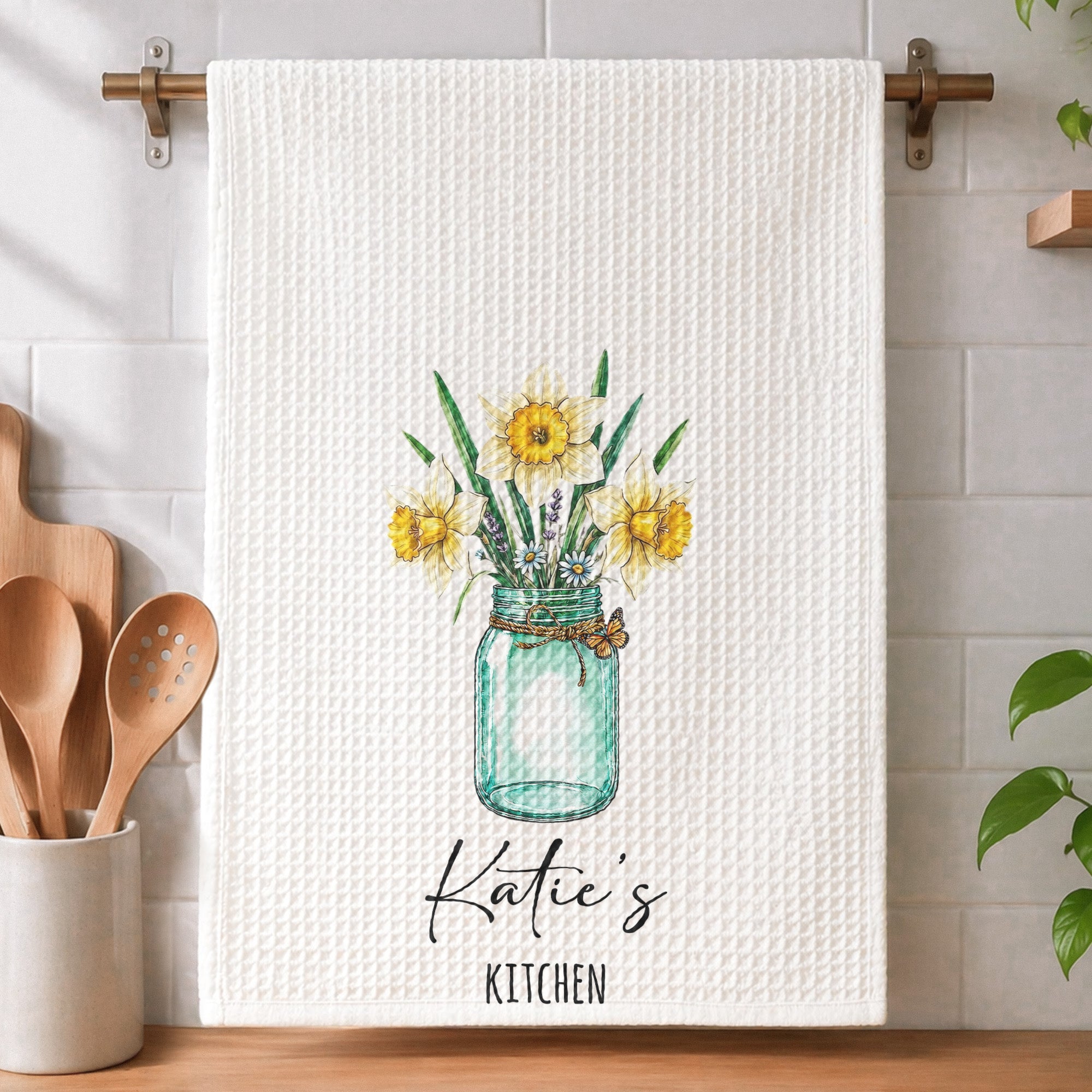 Custom Birth Flower & Name For Her Kitchen - Grandma, Mom, Wife, Sisters - Personalized Kitchen Towel